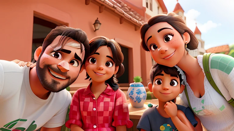 A typical Brazilian family portrayed in Disney Pixar style with detailed strokes and vibrant colors. The father is a dark-haired South American man., com olhos verdes brilhantes, well-groomed beard and wears stylish glasses. He's smiling warmly, Showing a cheerful expression. a filha mais nova, com quatro anos de idade, She is dressed in a charming pink princess dress. She's a black-eyed brunette, com cabelos castanhos em cachinhos, that add a touch of sweetness to your appearance. Seu rosto irradia felicidade enquanto ela sorri com entusiasmo. o filho mais velho, com seis anos, It's a white boy with black eyes and short black hair. Her smile is contagious and expresses joy and fun. The mother is a white woman with black eyes, com cabelos pretos e lisos, que caem graciosamente por seus ombros. Her smile is kind and caring, radiating the happiness of being together with your family. This depiction depicts a happy family, cheia de alegria e amor, uncharacteristic Disney Pixar style, com uma qualidade excepcional. No fundo umas arvores.