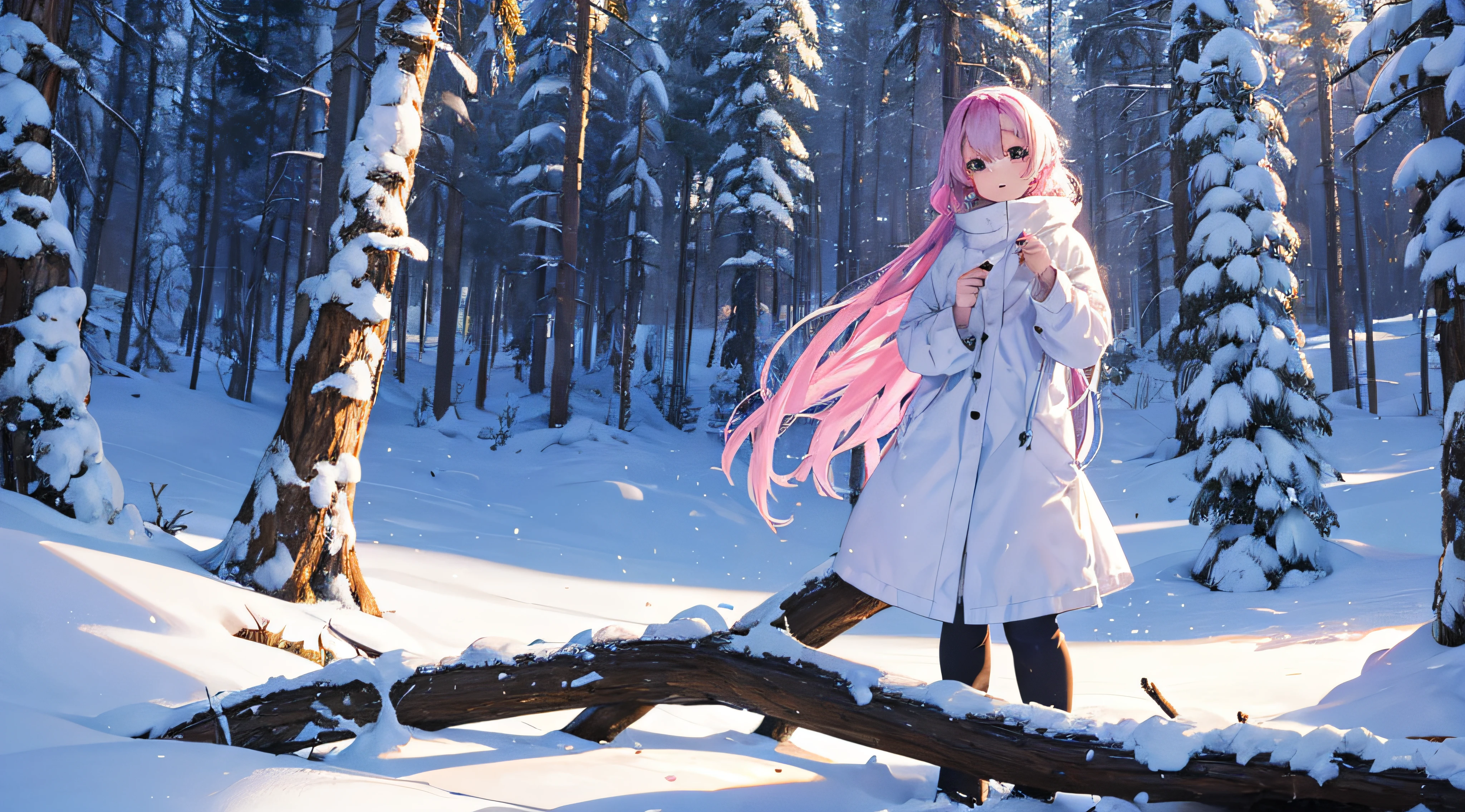 Mitsuri Kanroji,clothes with sweater,bosque nieve,lobo blanco,sentada sobre tronco