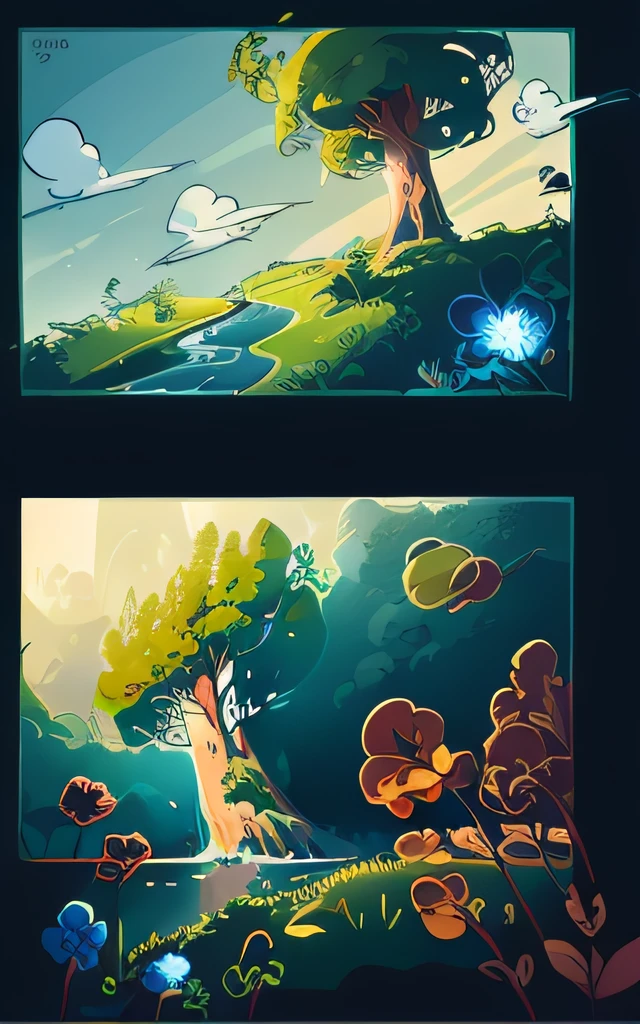 Earth Day Poster, Flat illustration,Big trees,landscapes,Many flowers,Blue sky, cloud,worm's-eye view,low angle shot、wood simple background,Forest in the background,vast natural field,in woods, Bright colors, Chiaroscuro, Super High Detail, 4K, flat illustration vector art sharp focus (gigapixel) ((masutepiece)) Focus View