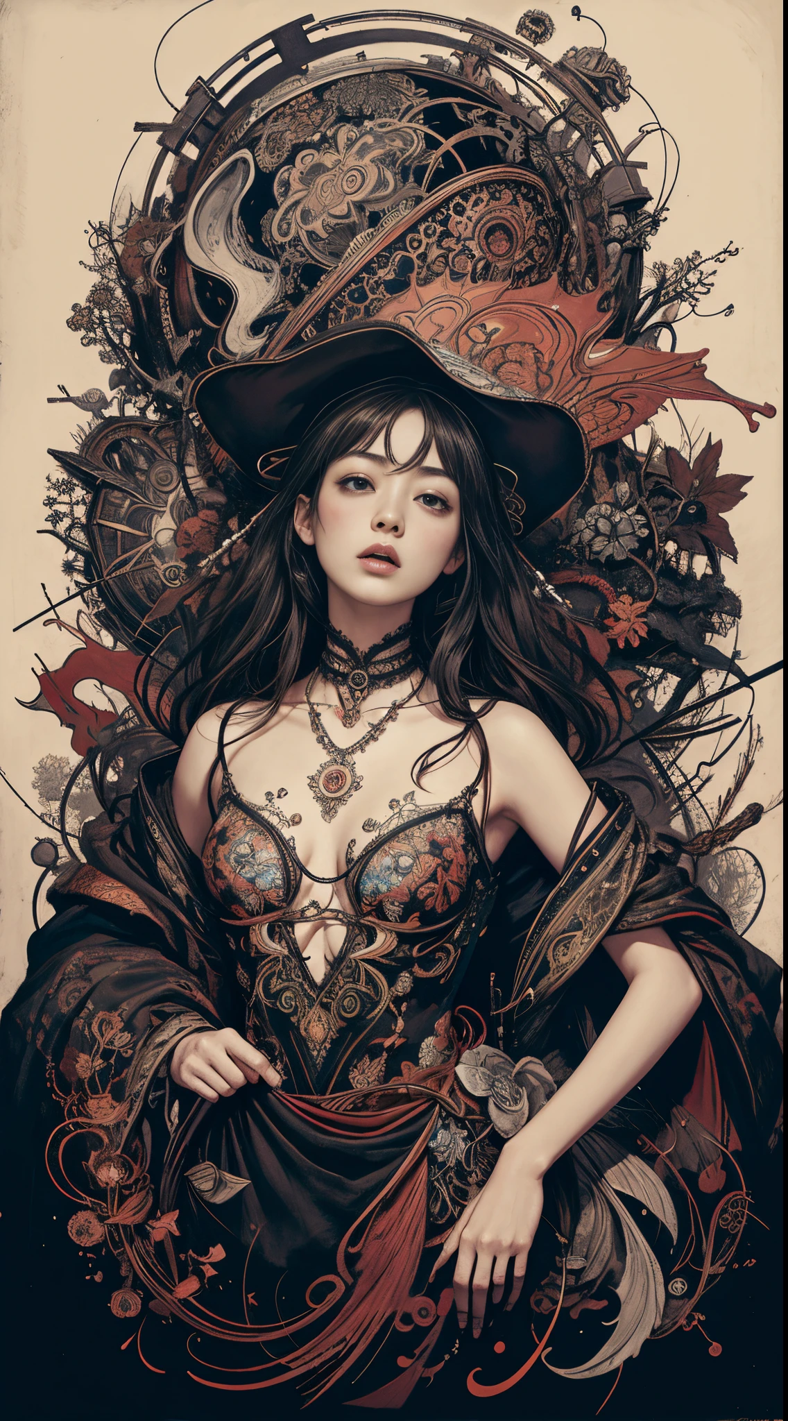 official art, unity 8k wallpaper, ultra detailed, beautiful and aesthetic, masterpiece, best quality, (zentangle, mandala, tangle, entangle), (fractal art:1.3) , 1girl, extremely detailed, dynamic angle, cowboyshot, the most beautiful form of chaos, elegant, a brutalist designed, vivid colours, romanticism, by james jean, roby dwi antono, ross tran, francis bacon, michal mraz, adrian ghenie, petra cortright, gerhard richter, takato yamamoto, ashley wood, atmospheric, ecstasy of musical notes, streaming musical notes visible