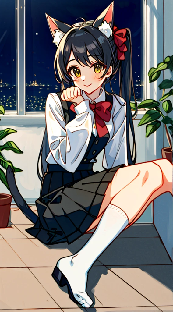 high resolution, erotic cute, cute and erotic appearance, best quality, highres, absurdres, idolmaster idolmaster_cinderella_girls sajo_yukimi commentary english_commentary highres 1girl :3 animal_ear_fluff animal_ears black_bow black_bowtie black_pantyhose black_skirt blue_hair blunt_bangs blush bow bowtie box cardboard_box cat_ears cat_girl cat_tail closed_mouth dorsiflexion feet frills full_body hair_bow in_box in_container knees_up legs legs_together long_hair long_sleeves looking_at_viewer miniskirt no_shoes pantyhose paw_pose paw_print_soles pleated_skirt red_eyes ribbon-trimmed_sleeves ribbon_trim sidelocks sitting skirt sleeves_past_wrists smile solo tail tile_floor tiles toes two_side_up white_bow, white_hair, indoors, night, sideways, afterimage, full_body, perfect_anatomy, hands_perfect, beautiful_skin_x4, dynamic_lighting, shadow_blurringx4, perfect_hands, fine_fingers, erotically_cute, masterpiece, spread_legs, knees_apart_feet_together, paw_pose, ((Composition seen up close))、Top image quality、Top resolution、​masterpiece