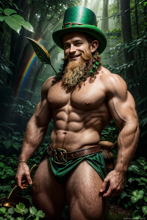 A portrait of a leprechaun belissimo, ((leprechun)) male face, (( looking for camera)), (( Man full body of 18 years old) ), (( not shirt)), charming and sexy, Friendly and mischievous, (( Green cardboard with a four-leaf trevo spotted on the edge)), Bobo, beard and smile, (( Rainbow and the Pot of Gold) )), ((magical creatures)"), ((SPIRITS, Fairies, Leprechaum)), (Legends of Fairy)), Mau Wolf, Villanious, Homen Hot whole hot body, ((sculptural body, large and strong chest, muscular legs, various positions)), Background Celtic Magic Forest, Frank Kelly Freas, style of Karol Bak, ((beautiful face) ), (beautable face)), Ultra Definition, best quality, 32k, ultra hd ultra