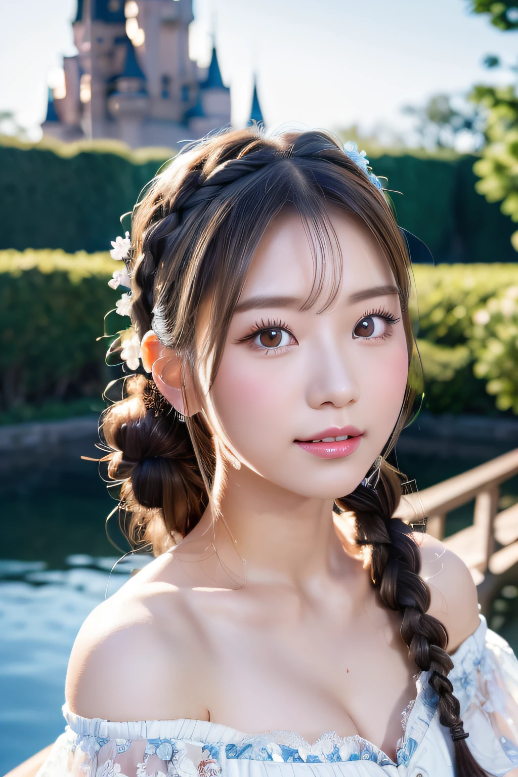 highest quality, Realistic, 8K, High resolution, 1 Girl, woman, (Skin dents), (Portraiture:0.6), nice, ((White Background, Completely naked, Small breasts:1.65)), (Brown hair in braids, Parted bangs:1.4), Watching the audience, (1 Girl eyes Watching the audience:1.6), Realistic, (Bokeh), (Closed Mouth, smile:1.3), nice, Purelos Face_V1:1,