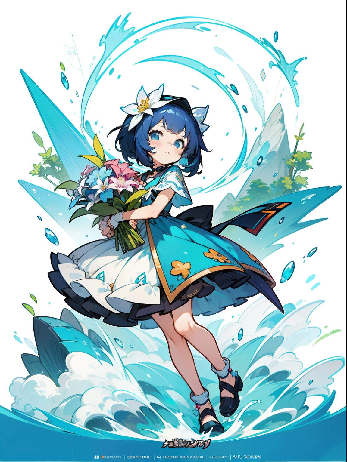 Close-up of a cartoon girl holding a bouquet of flowers, small curvy loli, character art of maple story, splash art anime loli, small loli girl, loli, official artwork, loli in dress, cute detailed digital art, official arts, official illustration, cute art style, fullbody commission for, high detail official illustrations