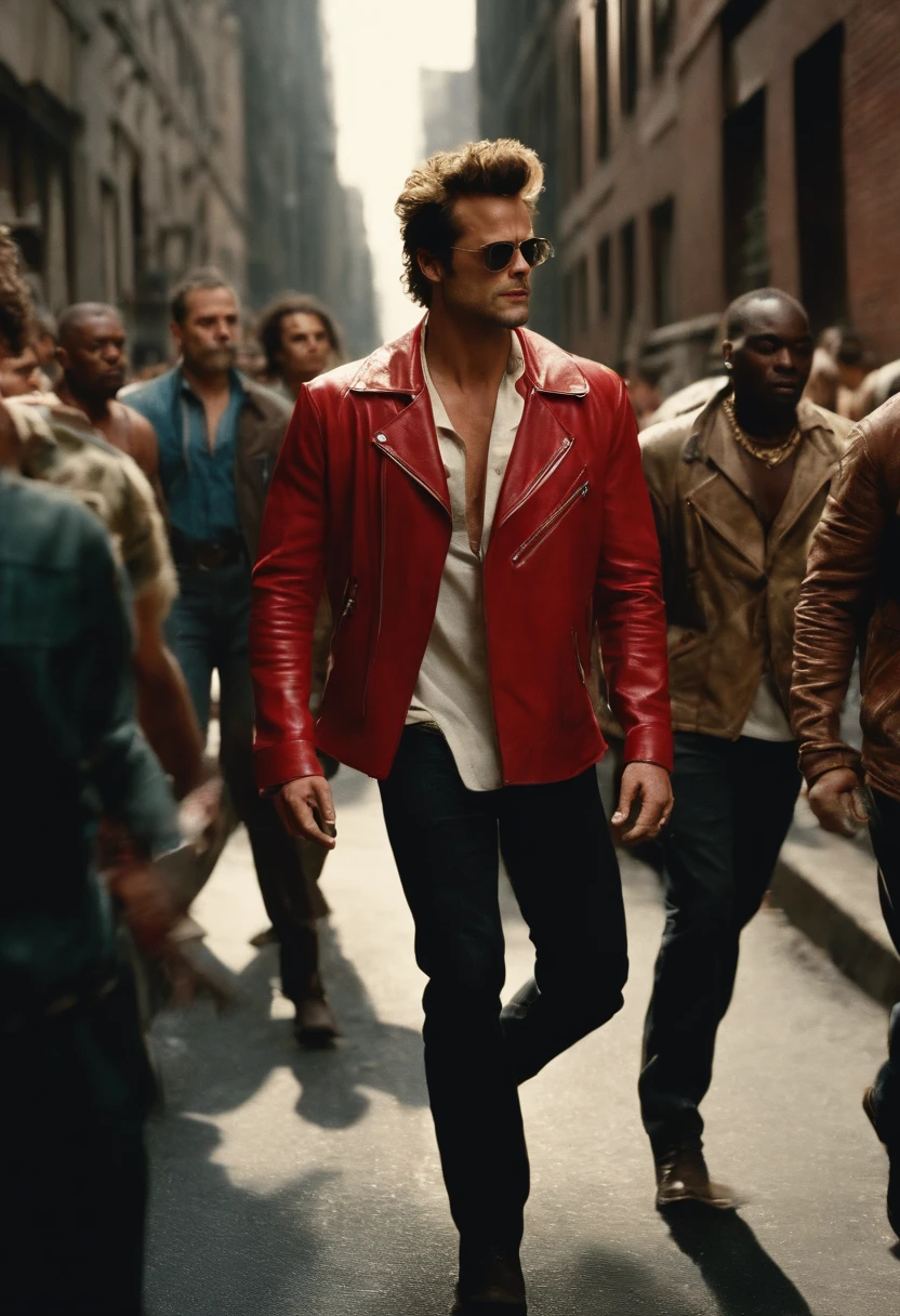 A photo of Tyler Durden leading a group of rebellious individuals, all wearing the iconic red jacket, marching through the city streets.,original,Visually, Tyler is depicted as the epitome of a certain rugged, careless coolness, with a chiseled physique, unkempt hair, and a devil-may-care attitude expressed through his disheveled yet somehow stylish clothing. He frequently sports a red leather jacket, flashy shirts, and a penchant for soap making, which serves as a metaphor for his ability to cleanse and rebuild the identities of his followers., male