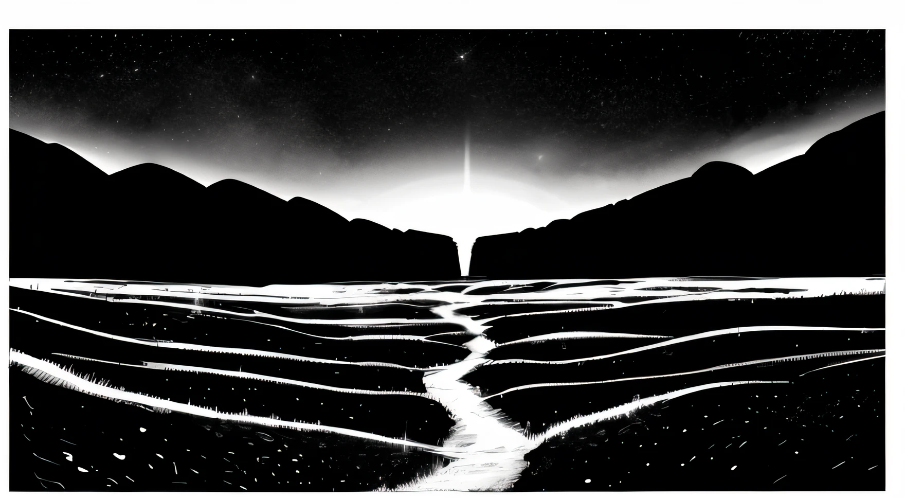 Giant landscape, cosmic entity in background, black and white, pantones,