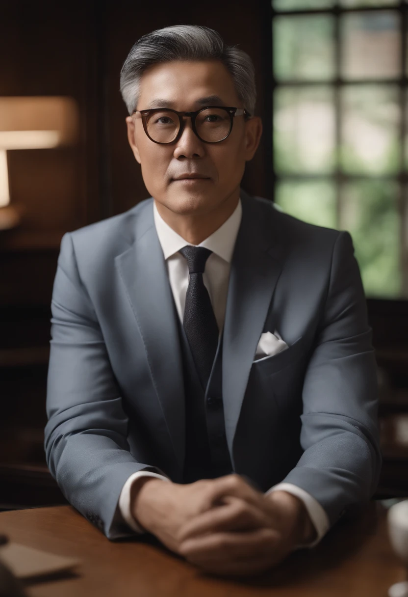 ((8K, Best quality at best, tmasterpiece)), Portrait of a businessman wearing a suit sitting behind a desk、Man in tie, japanes, 60 years old is super young, silver glasses, The face is a little fat, Clean face,  black super short hair, serious lecture,  DSRL, facing the viewer of the photo, The eyes are fixed on the lens, , Put people at the center of your photos, actual, Photorealistic photos, film photo, hyper realisitc, 1人, Detailed pubic hair, perfect litthing, DSRL, profesional photo, 4K