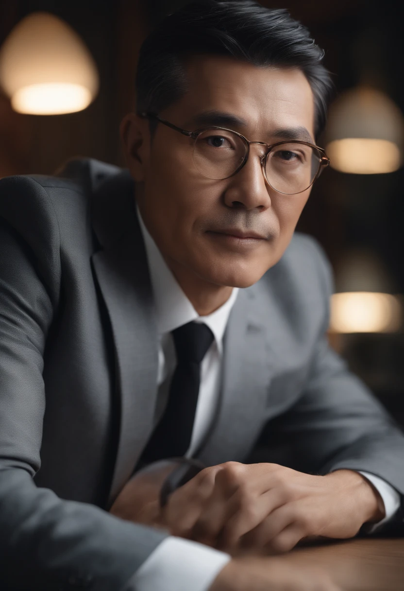 ((8K, Best quality at best, tmasterpiece)), Portrait of a businessman wearing a suit sitting behind a desk、Man in tie, japanes, 60 years old is super young, silver glasses, The face is a little fat, Clean face, black super short hair, serious lecture, DSRL, facing the viewer of the photo, The eyes are fixed on the lens, , Put people at the center of your photos, actual, Photorealistic photos, film photo, hyper realisitc, 1人, Detailed pubic hair, perfect litthing, DSRL, profesional photo, 4K
