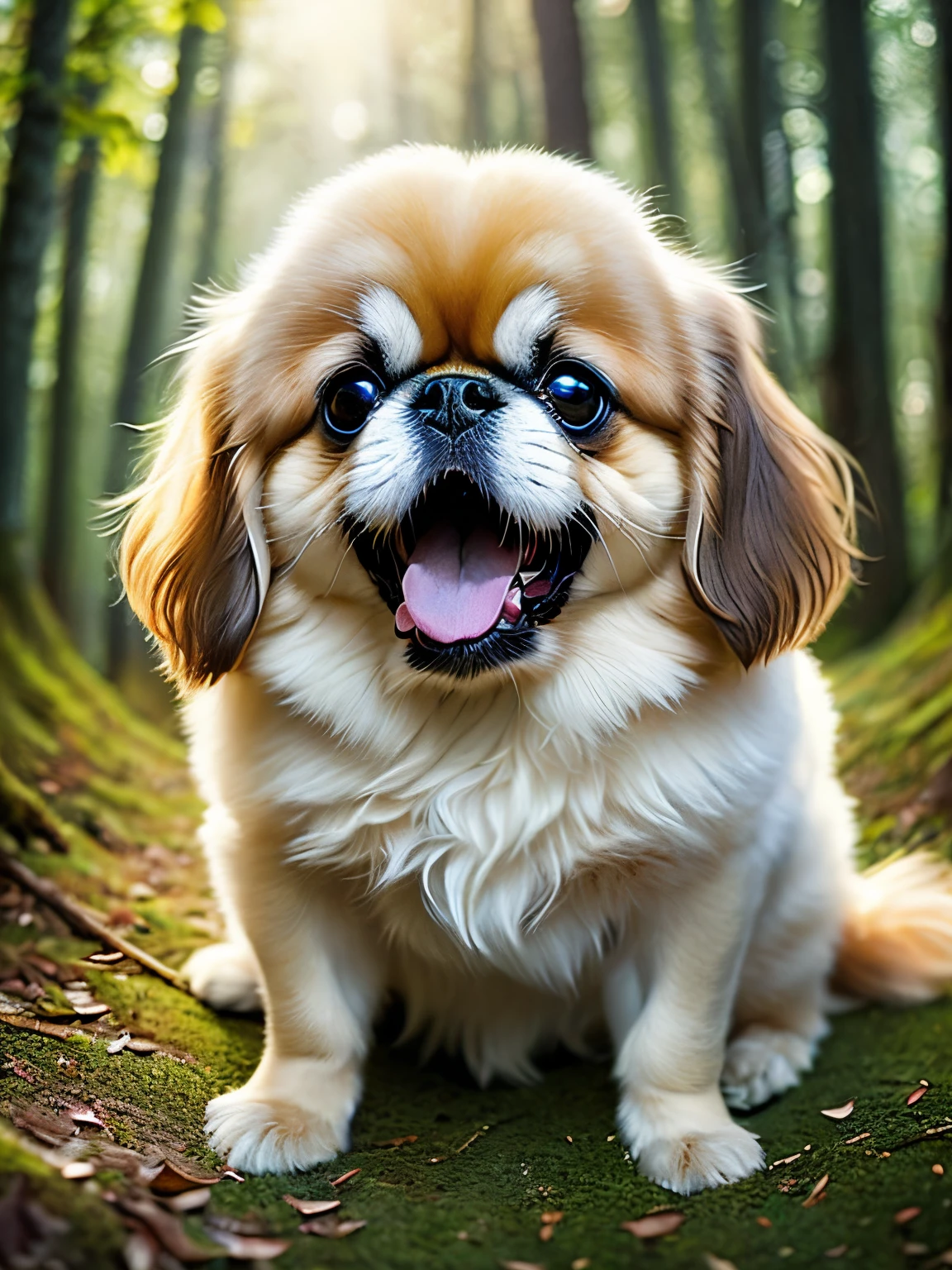 Close-up photo of a happy Pekingese, It&#39;s so cute to see him lying down in the forest., soft volumetric lights (Retro Illuminasan: 1.3), (Kinematics: 1.2), intricate detailes (art  stations: 1.3), rutkowski