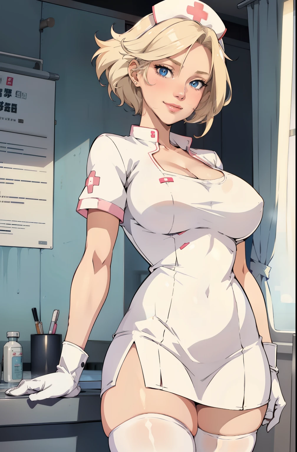 1woman, Nurse, nurse uniform, Nurse Cap, Whiteware, ((White legwear, zettai ryouiki)), White Gloves, Blonde hair, Blue eyes, pink lipsticks, Smile, Standing, sharp outline, Short sleeves, a mature female, 35 year old, Best Quality, masterpiece, infirmary, As chest shows, chest escaping, rain on face, sensuous pose, tit visible