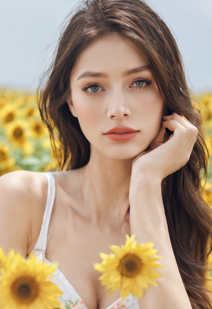 (best quality, 4K, 8K, high resolution, masterpiece:1.2), ultra-detailed, beautiful detailed eyes and lips, long eyelashes, vibrant atmosphere, bright colors, bikini, attractive pose, bikini model, enjoying beach time, white background, black bikini with sunflower pattern, long straight brown hair. large full breasts