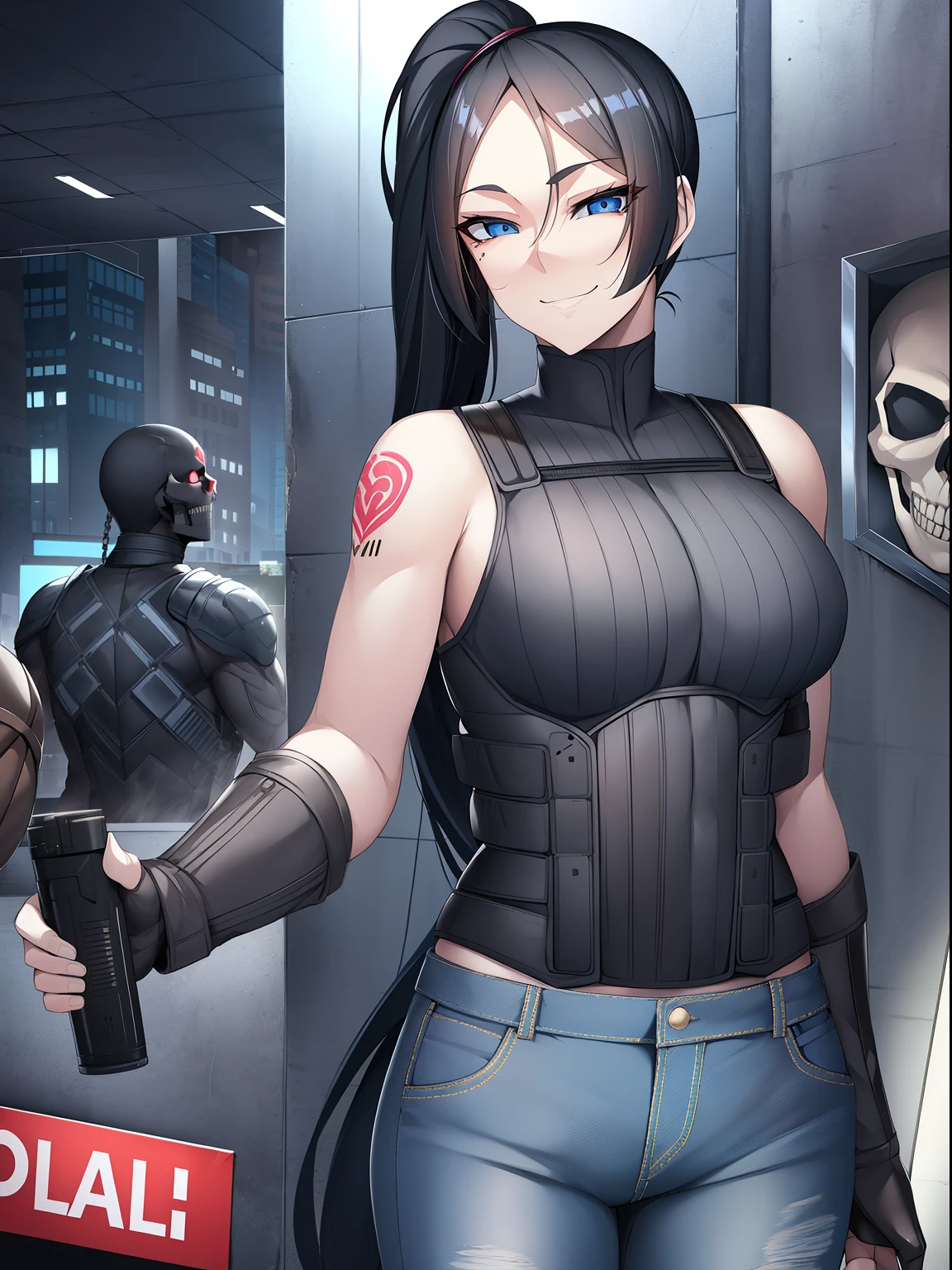 Adult man, Long Black Hair, High Ponytail, Blue eyes, Smile, 美丽的面容, body armor, Sleeveless, Skull drawing, jeans, circuitry, arma, brown, punisher print, The tattoo, masutepiece, hiquality, 4K, hard disk, good detail