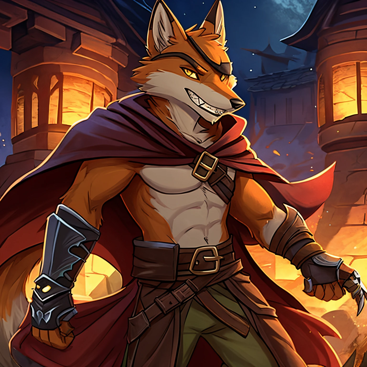 fantasy, fox, male, anthropomorphic, in the style of Redwall, brown fur, scarred ears, eyepatch, yellow eyes, stained teeth, gauntlets, cloak, belt, scarred ears, grinning