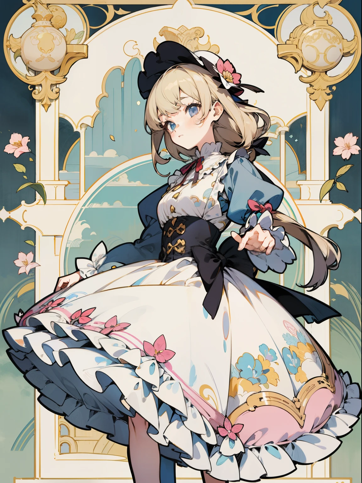 Clip art, Anime girl in dress. print on the dress , Ruffles , frills, cap with ruffles , strewn with flowers, ornate outfit, hairlong, pastel graphics ,artbook artwork, anime art nouveau, loli in dress, in a whimsical exquisite dress, official artwork, careful drawing with fine gold ink, linear drawing, Korean anime in modern style woman in 60 s fashion style, cute anime waifu in a nice dress, anime cover, lolita fashion, aristocratic appearance, artbook, official artbook, Lolita style, Dynamic posture,