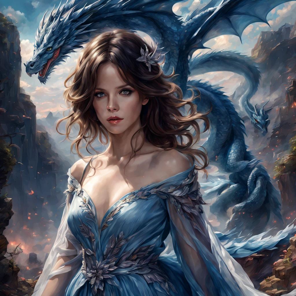 ((melhor qualidade)), ((obra-prima)), (detalhado), Empress Dragon "Kate Beckinsale", olhos realistas, cabelo preto, olhos azuis, seios pequenos, vestido de setin koreano sensual, paisagem maligna, ethereal beauty, (Fantasy Illustration:1.3), olhar encantador, pose cativante, garota solo, charme sobrenatural, mystical sky, noite enluarada, cores suaves, (paisagem nublada detalhada:1.3), (alta resolução:1.2) (Blue dragon flying in the sky) vestido, sobre uma colina, An army passing far into a canyon below.