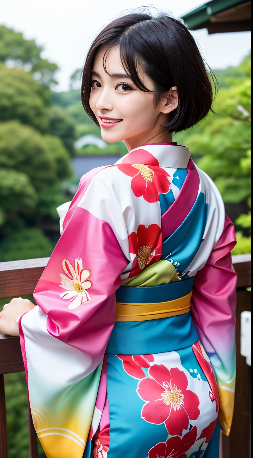 Best-quality, Masterpiece, Ultra-High-Resolution, (Photorealistic:1.4), Raw-Photo, Extremely-Details, Perfect-Anatomy, 1girl, the most popular Japanese actress, back view, (upturned butt wearing Japanese colorful KIMONO, wearing Japanese colorful KIMONO), looking at viewer, beautiful smile, detailed extremely beautiful hip, extremely beautiful face like a most famous Japanese actress, extremely beautiful big black solid circle eyes, (extremely beautiful black short-cut-haired), extremely beautiful lips, extremely beautiful white skins, detailed Japanese colorful KIMONO