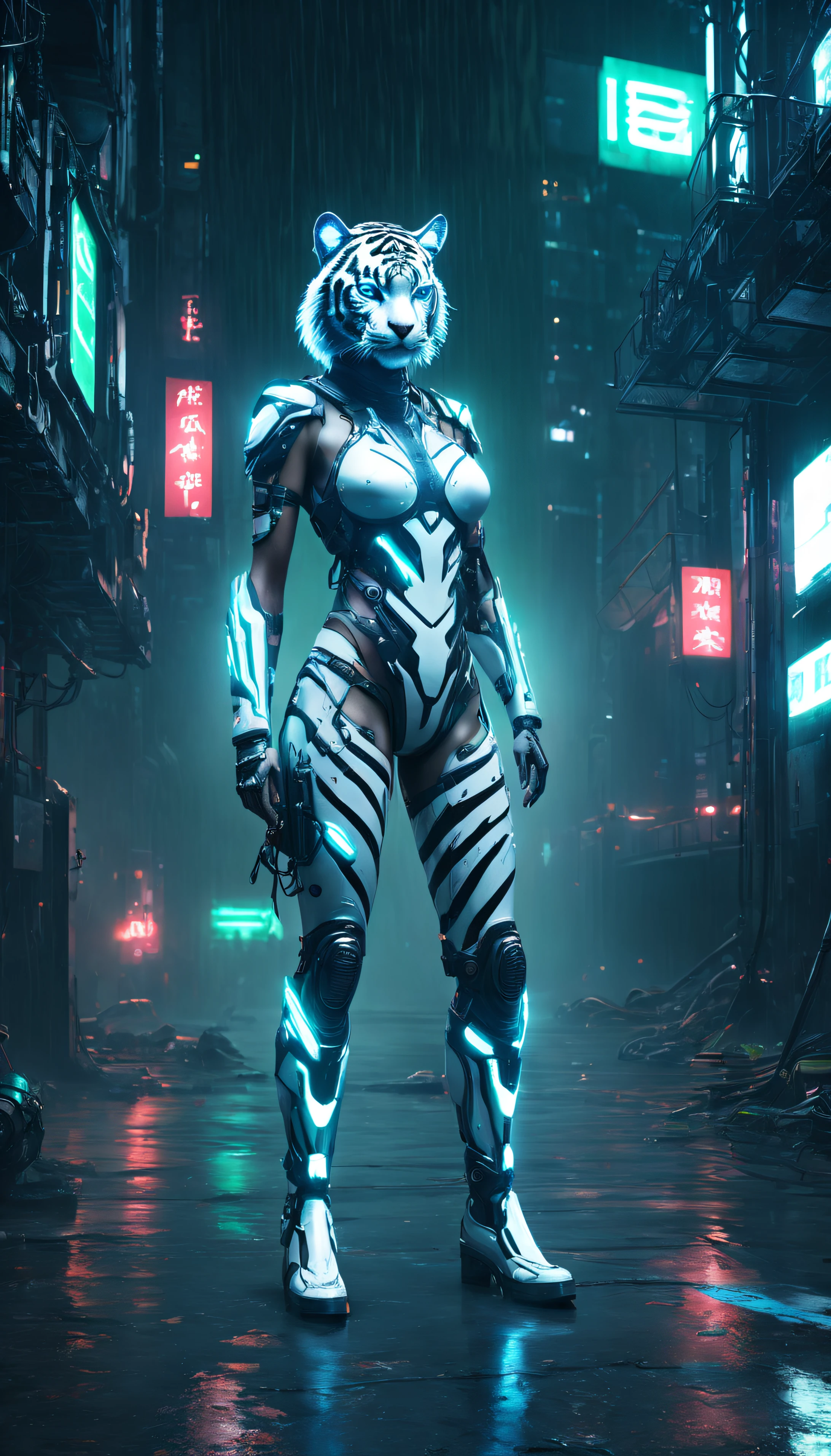 a portrait of a mechanical creature (( mechanical female, anthro wolf: 1.5), ((full body: 1.5)), ((anatomically correct: 1.5)), (ultra detailed face: 1.2), looking feral, looking dangerouse, yellow eyes. dynamic fur color, glowing eyes, wearing mech armor, delicate armor, wearing high heeled boots, cyberpunk street background, vibrant, Ultra-high resolution, High Contrast, (masterpiece:1.5), highest quality, Best aesthetics), best details, best quality, highres, 16k, (ultra detailed: 1.5), masterpiece, best quality, (extremely detailed) RAW, (ultra details, Masterpiece, best quality),MechanicusStyleAI, Hyperrealism style, anime