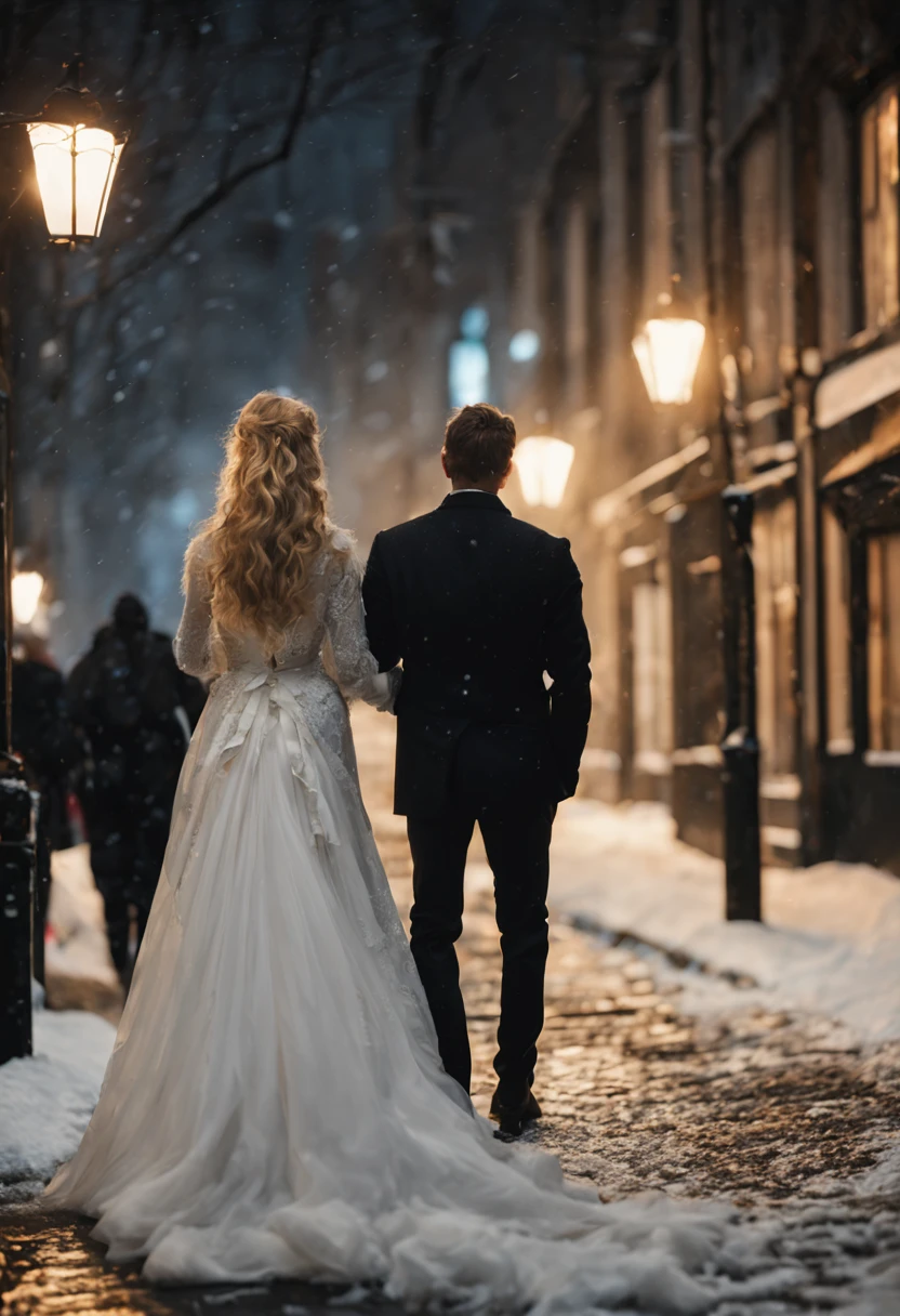 a beautiful man and woman couple, bride and groom walking away from camera, from behind, woman with long hair, blonde hair, man with dark hair, woman, holding wedding posy on a snowy bond street on winters evening, high heels, dramatic light , Rembrandt lighting scheme, (hyperrealism:1.2), (photorealistic:1.2), shot with Canon EOS 5D Mark IV, detailed face, detailed hair