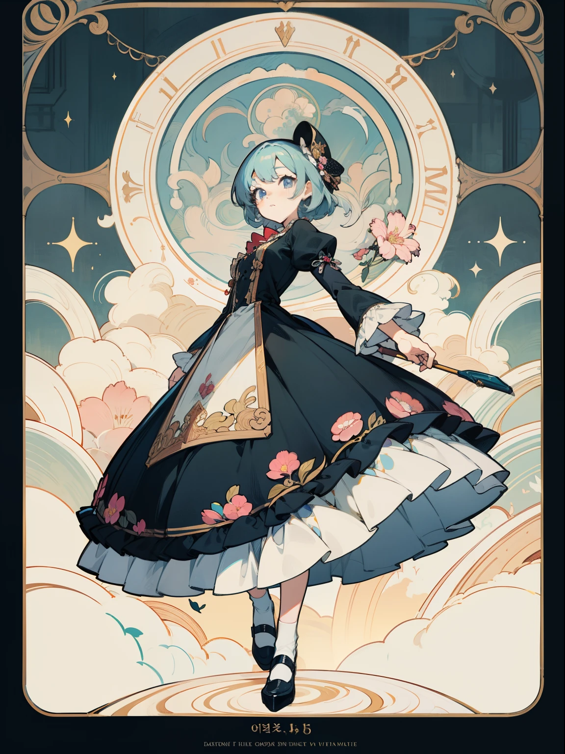 Anime girl in dress. print on the dress , Ruffles , frills, cap with ruffles , strewn with flowers, ornate outfit, hairlong, pastel graphics ,artbook artwork, anime art nouveau, loli in dress, in a whimsical exquisite dress, official artwork, careful drawing with fine ink, korean art nouveau anime, cute anime waifu in a nice dress, anime cover, lolita fashion, aristocratic appearance, artbook, official artbook, Lolita style, Dynamic posture,