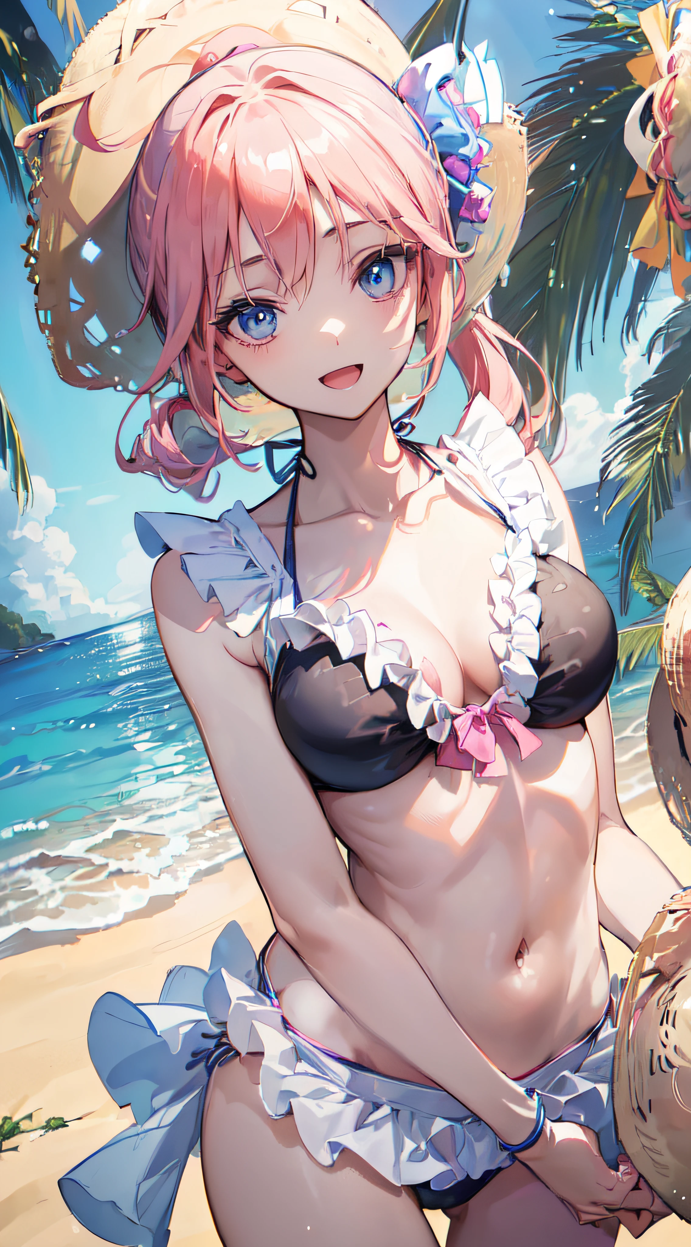 ((Ultra-detailed)), (top-quality),((masutepiece)), ((Super exciting)), ((8K)), ((2160p)), ((extremely clear)), ((Very sophisticated)), ((Anime Graphics)) ((Anime quality)), ((Anime Illustration)), ((Perfect Lighting)), ((Glowing skin)), ((。.。.3D)), ((Upper body)), ((Perfect Anatomy)),((Solo)), ((a japanese girl)), ((a baby face)), ((Pink hair)), ((Short ponytail:1.5)), (Large Hair Ribbon), ((Ahoge)), ((drooping eyes)), ((Blue eyes)), ((anime quality eyes)), ((long eyelashes)), ((Thin eyebrows)), ((Beautiful breasts)), ((Detailed face description)), ((Detailed installation instructions)), ((Realistic skin texture)), ((depth of fields)), ((Realistic background)), (Smiling), (Open mouth), ((Eye level angle)), (Look at viewers), (look from above), (Bright background), ((Sea and beaches)), (paradise), ((ruffle bikini:1.5)), (a straw fedora hat:1.6), Standing