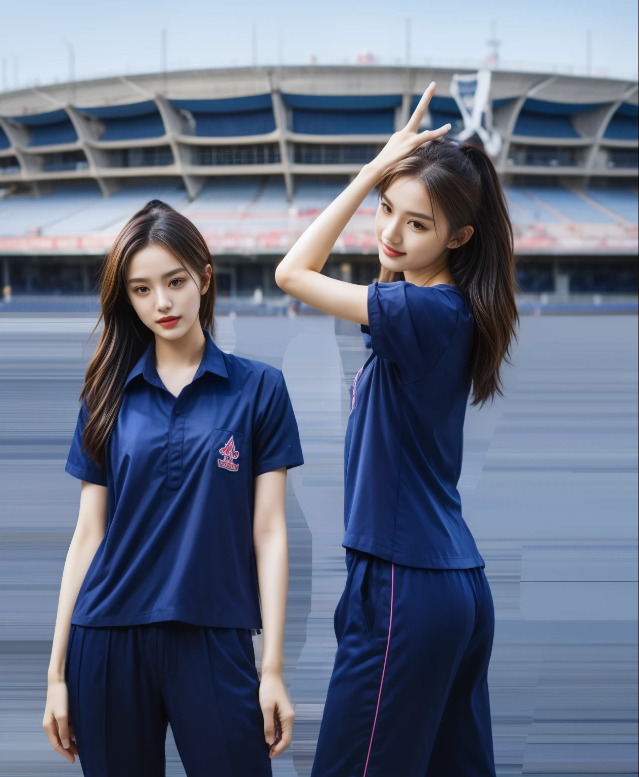 (bestquality,10,10,highres,masterpiece:1.2),ultra-detail,(Realistic,photorealistic portrait,photo-realistic:1.37),1 Cute girl in the football field,oily shiny skin,bara,light smile,BDclothes,((blue shirt:1.3)),short sleeves,shirt, trousers.,(navy_long_Pants Track:1.1), ((Stadium Background:1.3)),dynamic angle,excited,face focus,Dynamic Poses,from behide,Ass Focus,masterpiece, bestquality, ultra realistic, hyper-detail, 8k resolution, RAW photo, crisp focus, ((Navy blue shirt:1.1)), short sleeves, Long Path, Perfect body, 2 mature women, 18yo, cinematic light,Blue sweatpants,Gymware,Correct anatomy,Complete body, Correct body, sharp face, Anatomically correct body, full entire body, Realistic gestures, long-haired, Realistic poses,Wear long shorts..........................,Long leg span,Shapely,Sculpting Girl, Slender Figure, mannequin mannequins, Shapely, Beautiful body,Blue sweatpants, Two girls kissing