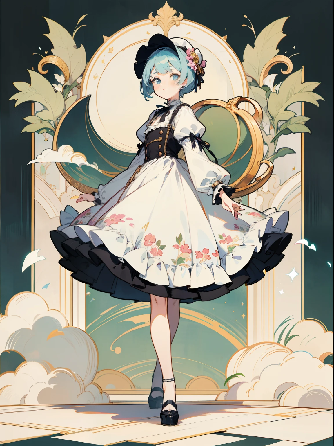Clip art, Anime girl in dress. print on the dress , Ruffles , frills, cap with ruffles , strewn with flowers, ornate outfit, hairlong, pastel graphics ,artbook artwork, anime art nouveau, loli in dress, in a whimsical exquisite dress, official artwork, careful drawing with fine gold ink, linear drawing, Korean anime in modern style woman in 60 s fashion style, cute anime waifu in a nice dress, anime cover, lolita fashion, aristocratic appearance, artbook, official artbook, Lolita style, Dynamic posture,