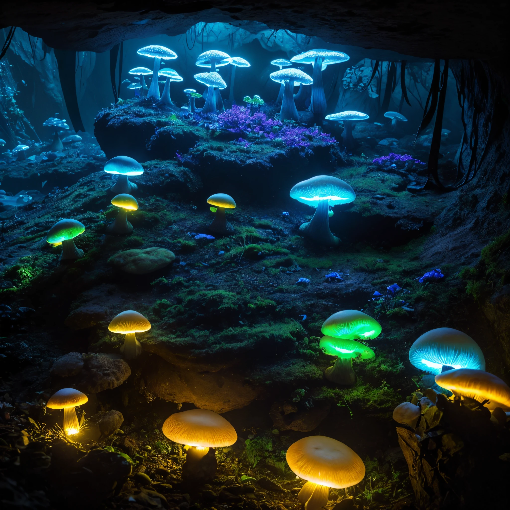 (masterpiece, best quality), best resolution, bioluminescent mushrooms, dark cave, close up