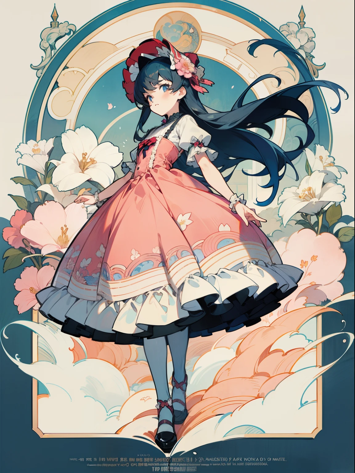 Anime girl in pink dress. print on the dress , Ruffles , frills, cap with ruffles , strewn with flowers, ornate outfit, hairlong, artbook artwork, anime art nouveau, in dress, in a whimsical exquisite dress, official artwork, careful drawing with fine ink, korean art nouveau anime, cute anime waifu in a nice dress, anime cover, loliashion, aristocratic appearance, artbook, official artbook, Lolita s, Dynamic posture,