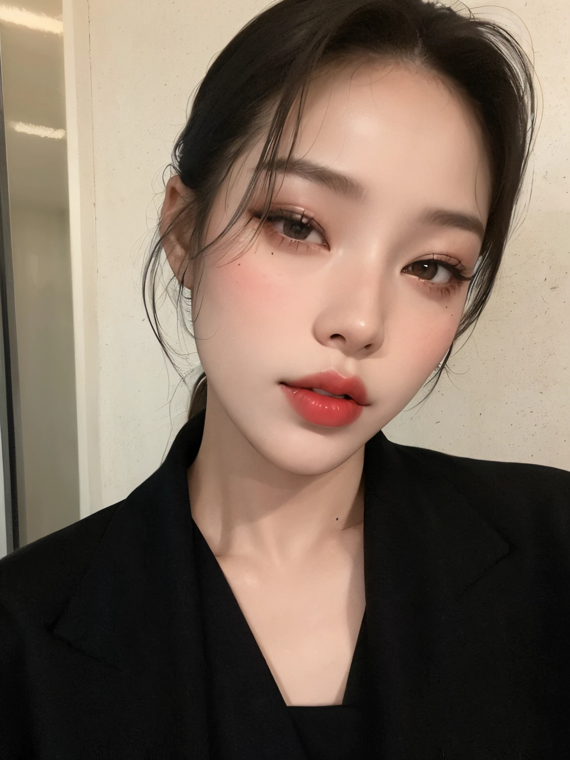 um close up de uma mulher com um batom vermelho e uma jaqueta preta, faint red lips, maquiagem sul-coreana popular, maquiagem coreana popular, Mulher sul-coreana bonita, light-red lips, Batom vermelho no rosto, red lips, small and thick red lips, jennie blackpink, Mulher coreana, clear lips and high quality, menina coreana, with very thin lips, Ulzzang