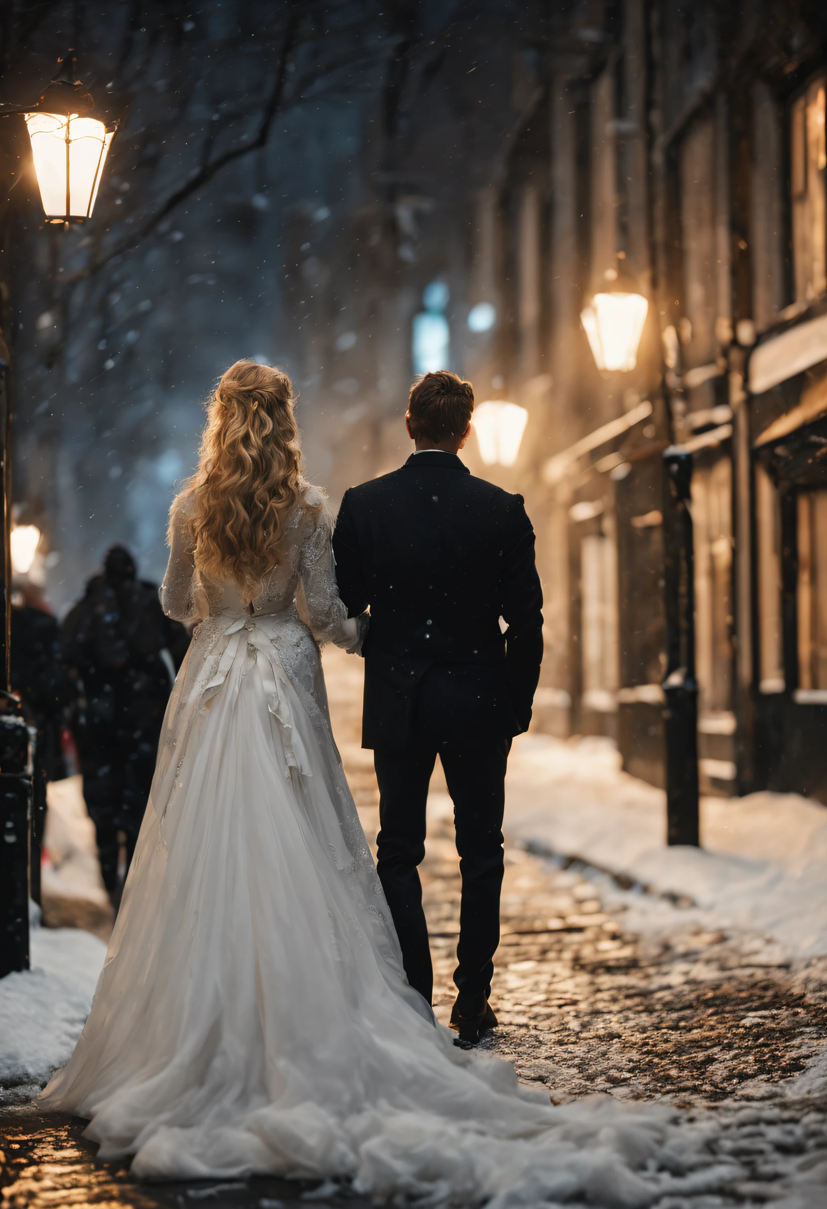 a beautiful man and woman couple, bride and groom walking away from camera, from behind, woman with long hair, blonde hair, man with dark hair, woman, holding wedding posy on a snowy bond street on winters evening, high heels, dramatic light , Rembrandt lighting scheme, (hyperrealism:1.2), (photorealistic:1.2), shot with Canon EOS 5D Mark IV, detailed face, detailed hair