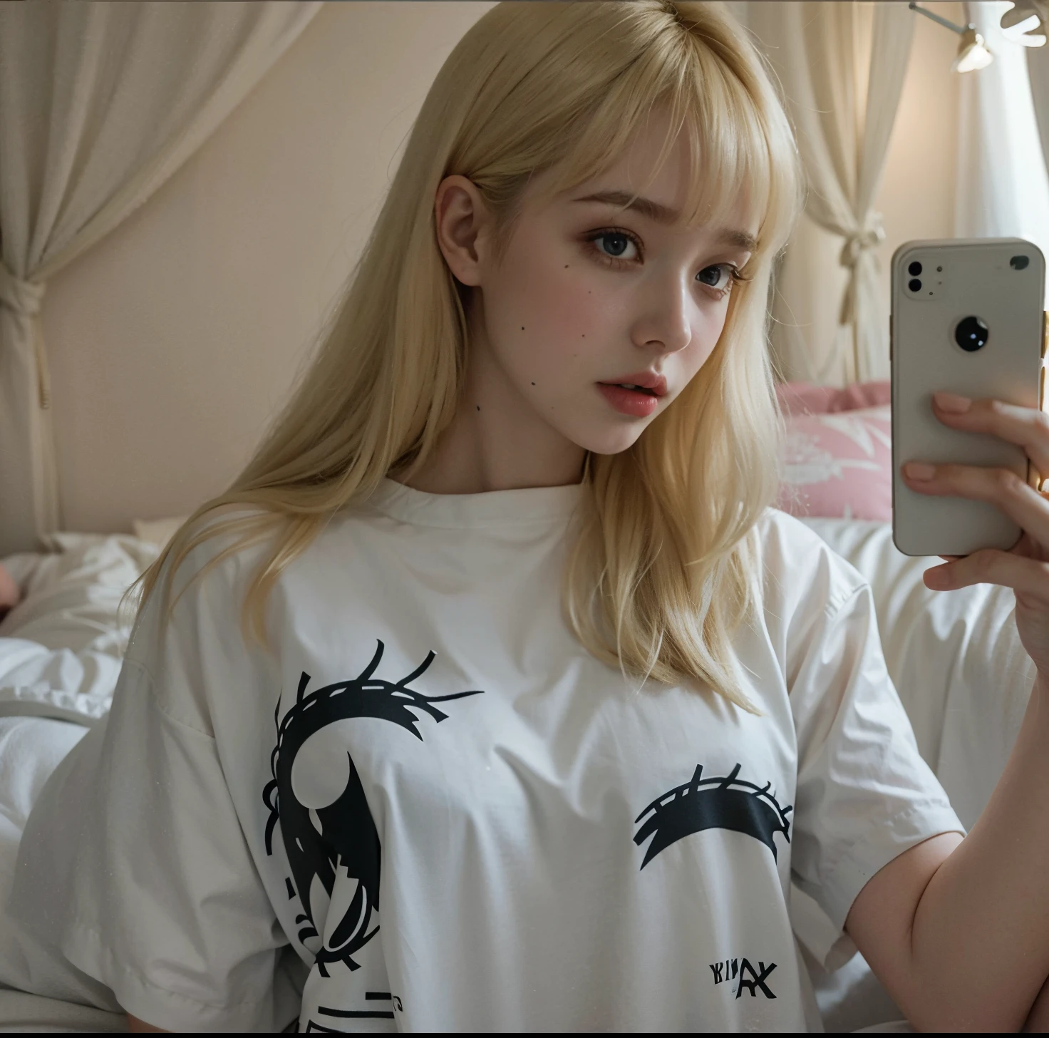 Blonde woman taking a selfie in a bedroom with a bed, Retrato de Kim Petras, Parece una mezcla de grimes, cabello whitebangs cabello, Parece una mezcla de grimes, Parece una mezcla de mugres, flequillo blanco, Parecido a una mezcla de mugres, cabello rubio y ojos grandes, Ava Max, pale goth beauty, extremely pale blond hair