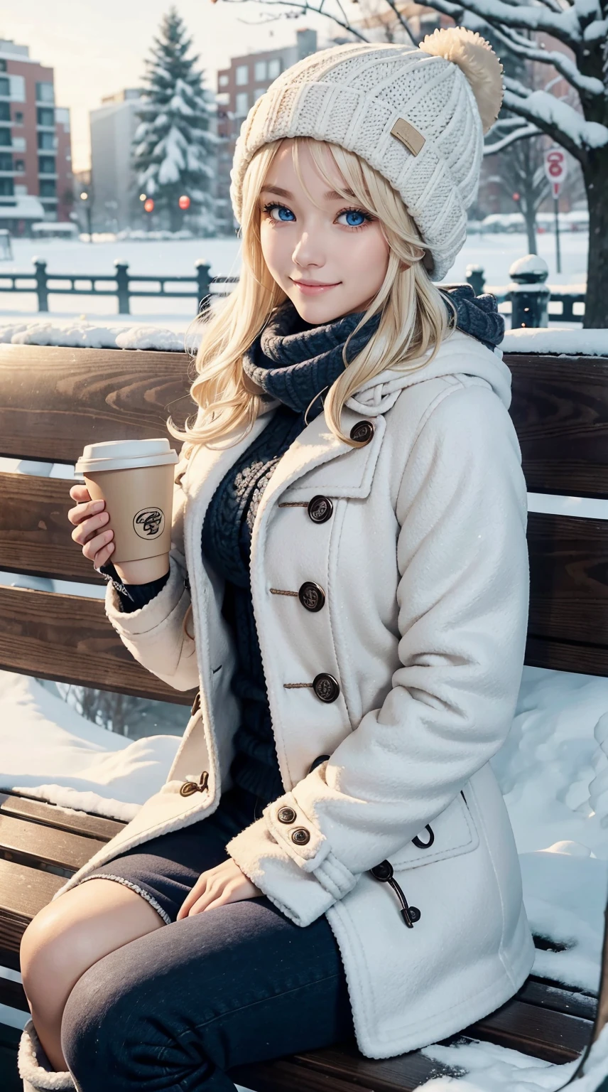 25-year-old Caucasian woman、platinum-blonde、blue eyess、Semi-long、My hair is wavy、a smile、My abs are cracked、a smile、slim muscular body、huge tit、I don't want my head to disappear from the screen.、Wearing a duffel coat、I'm sitting on a bench in a snowy park、wearing a woolen hat、I'm wearing a muffler、Facing to the side、I'm wearing long boots、Holding a coffee shop paper cup with both hands