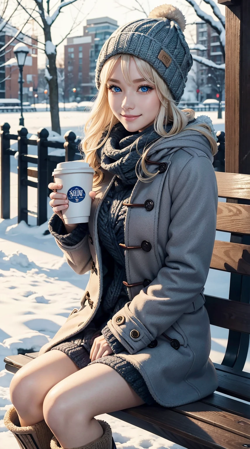 25-year-old Caucasian woman、platinum-blonde、blue eyess、Semi-long、My hair is wavy、a smile、My abs are cracked、a smile、slim muscular body、huge tit、I don't want my head to disappear from the screen.、Wearing a duffel coat、I'm sitting on a bench in a snowy park、wearing a woolen hat、I'm wearing a muffler、Facing to the side、I'm wearing long boots、Holding a coffee shop paper cup with both hands