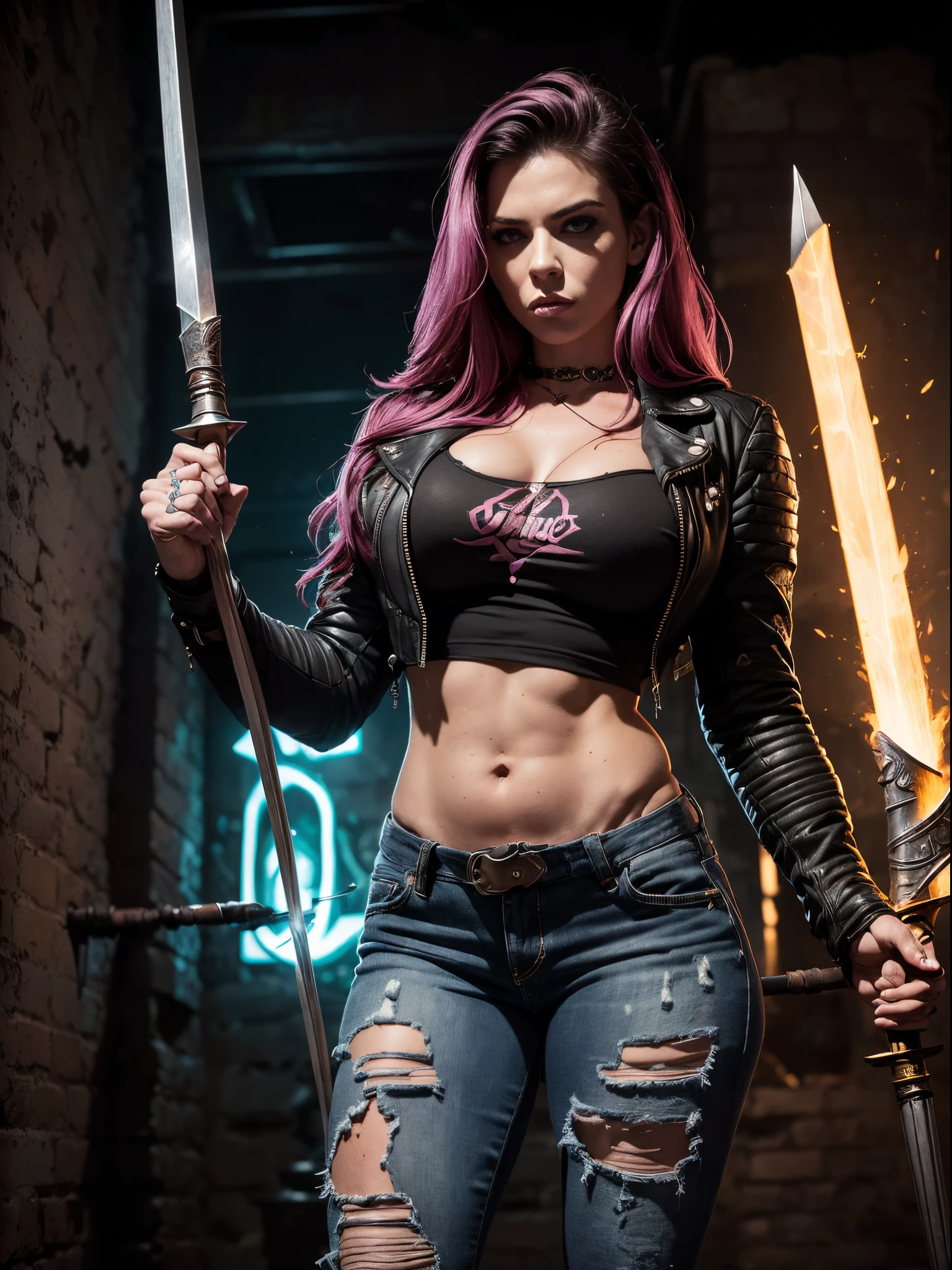 Very aesthetic inkpunk illustration, Alison Tyler, (((wielding a magic spear in his right hand))), corpo inteiro, separated-lips, ,(((jaqueta de couro punk com rebites))) , ripped jeans, camiseta branca, , fundo da parede do graffiti, Arte por Mschiffer