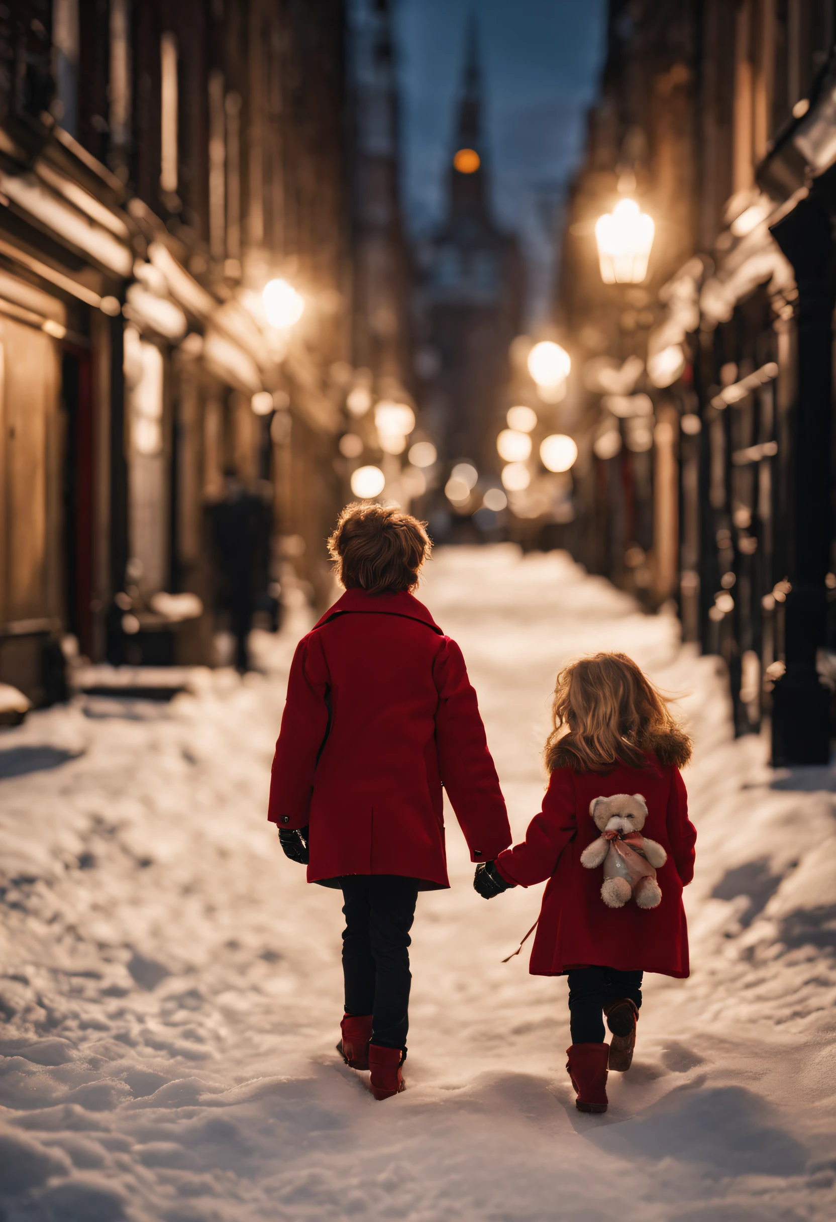 a beautiful boy and girl couple, walking away from camera, from behind, girl with long hair, blonde hair, boy with dark hair, holding a toy bear on a snowy bond street on winters evening, girl wearing red coat, dramatic light , Rembrandt lighting scheme, (hyperrealism:1.2), (photorealistic:1.2), shot with Canon EOS 5D Mark IV, detailed face, detailed hair, wearing black gloves