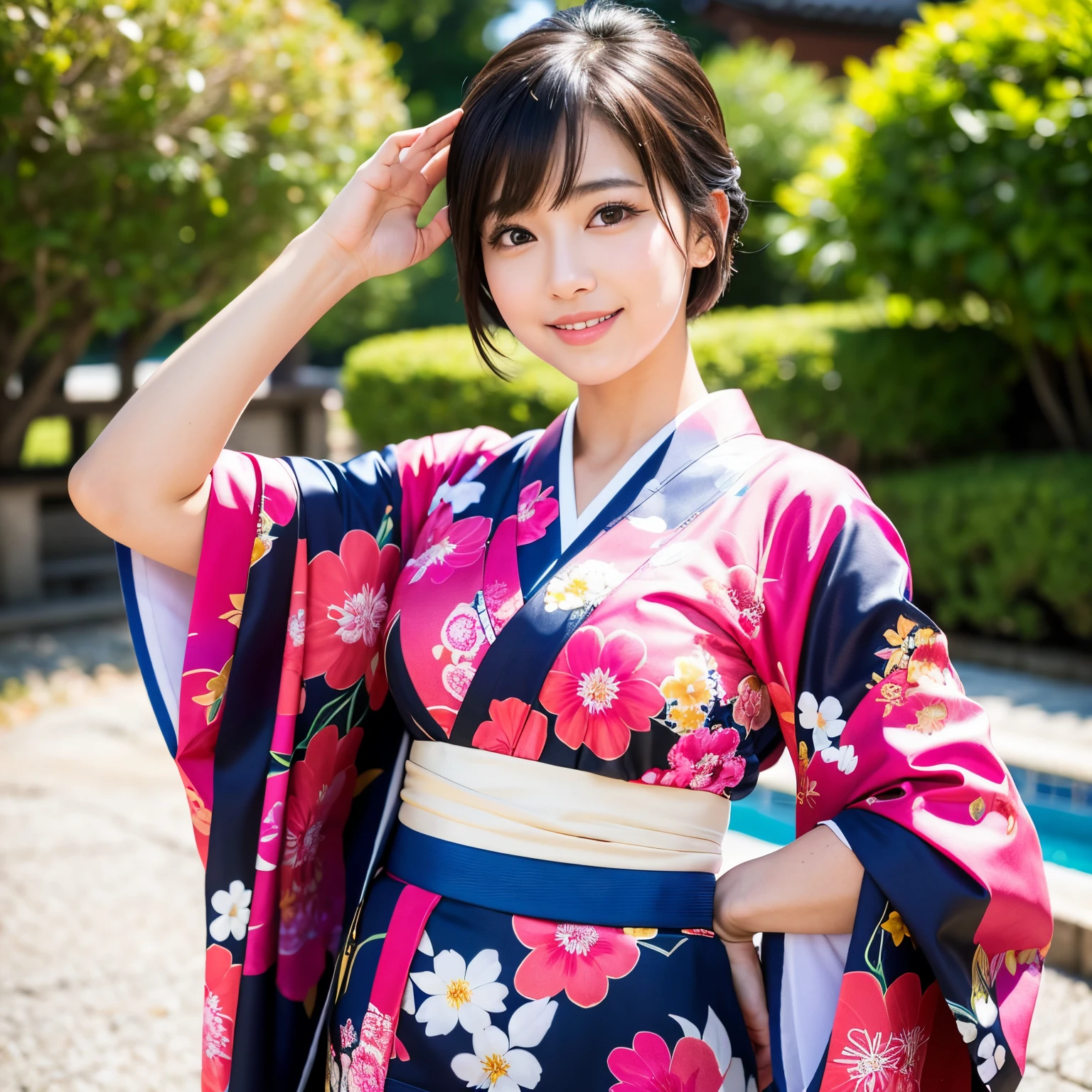 Best-quality, Masterpiece, Ultra-High-Resolution, (Photorealistic:1.4), Raw-Photo, Extremely-Details, Perfect-Anatomy, 1girl, the most popular Japanese actress, dynamic pose, (wearing Japanese colorful KIMONO), looking at viewer, beautiful smile, extremely beautiful face like a most famous Japanese actress, extremely beautiful big black solid circle eyes, (extremely beautiful black short-cut-haired), extremely beautiful lips, extremely beautiful white skins, detailed Japanese colorful KIMONO