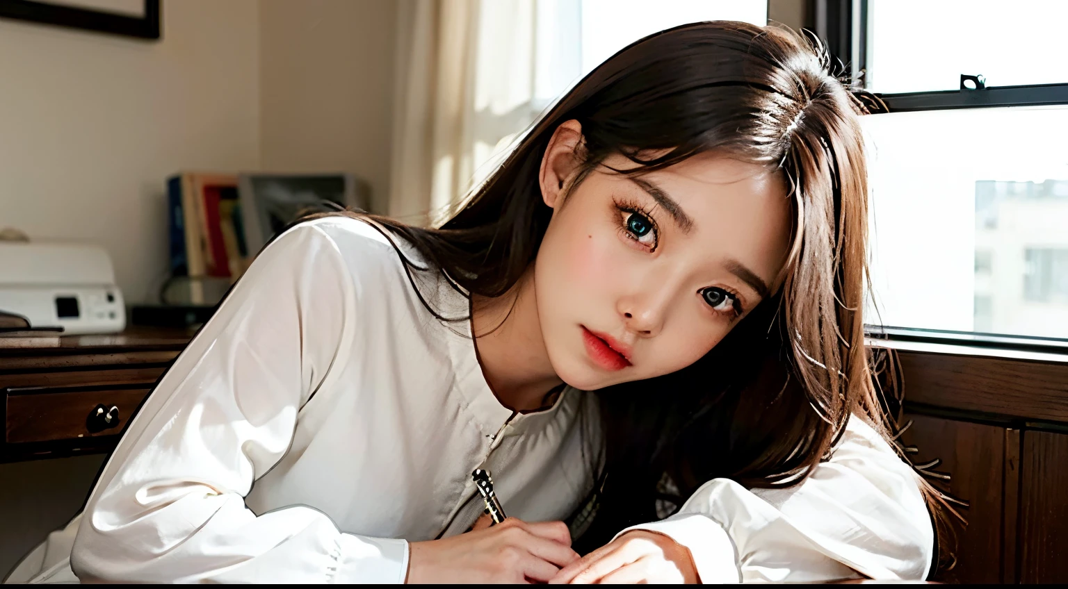 A beautiful woman resting her chin on a desk and thinking。Super beautiful shape。Beautiful double eyes。lofty nose。well-shaped lips。Fashionable clothes。Rooms in the apartment。Dark brown hair。