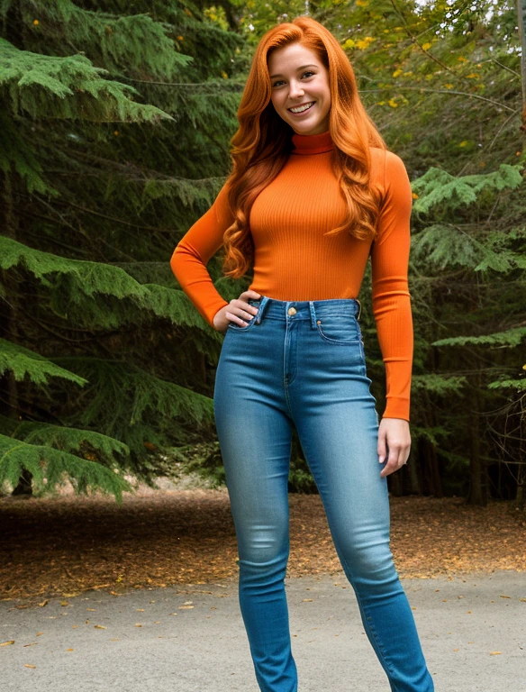Realistic portrayal:1.2, photorealistic, 4k, Sam from Totally Spies! long slightly wavy orange hair, emerald green eyes and fair skin; smiling,wearing a full body denim outfit. , wide-angle shot, high-angle shot
