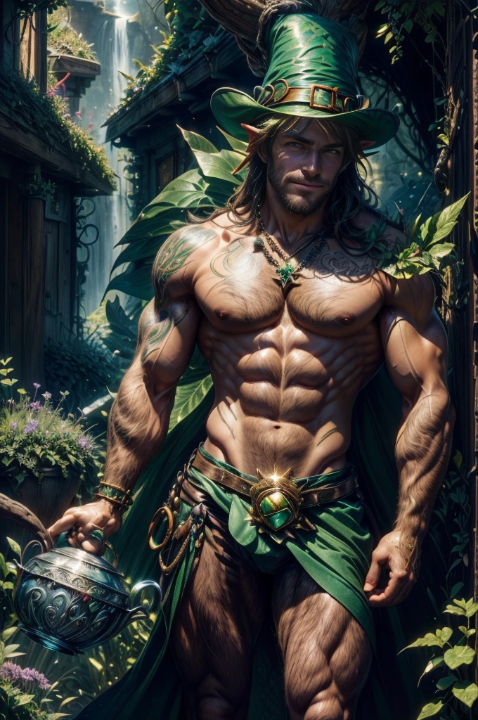 A portrait of a leprechaun belissimo, ((leprechun)) male face, (( looking for camera)), (( Man full body of 18 years old) ), (( not shirt)), charming and sexy, Friendly and mischievous, (( Green cardboard with a four-leaf trevo spotted on the edge)), Bobo, beard and smile, (( Rainbow and the Pot of Gold) )), ((magical creatures)"), ((SPIRITS, Fairies, Leprechaum)), (Legends of Fairy)), Mau Wolf, Villanious, Homen Hot whole hot body, ((sculptural body, large and strong chest, muscular legs, various positions)), Background Celtic Magic Forest, Frank Kelly Freas, style of Karol Bak, ((beautiful face) ), (beautable face)), Ultra Definition, best quality, 32k, ultra hd ultra