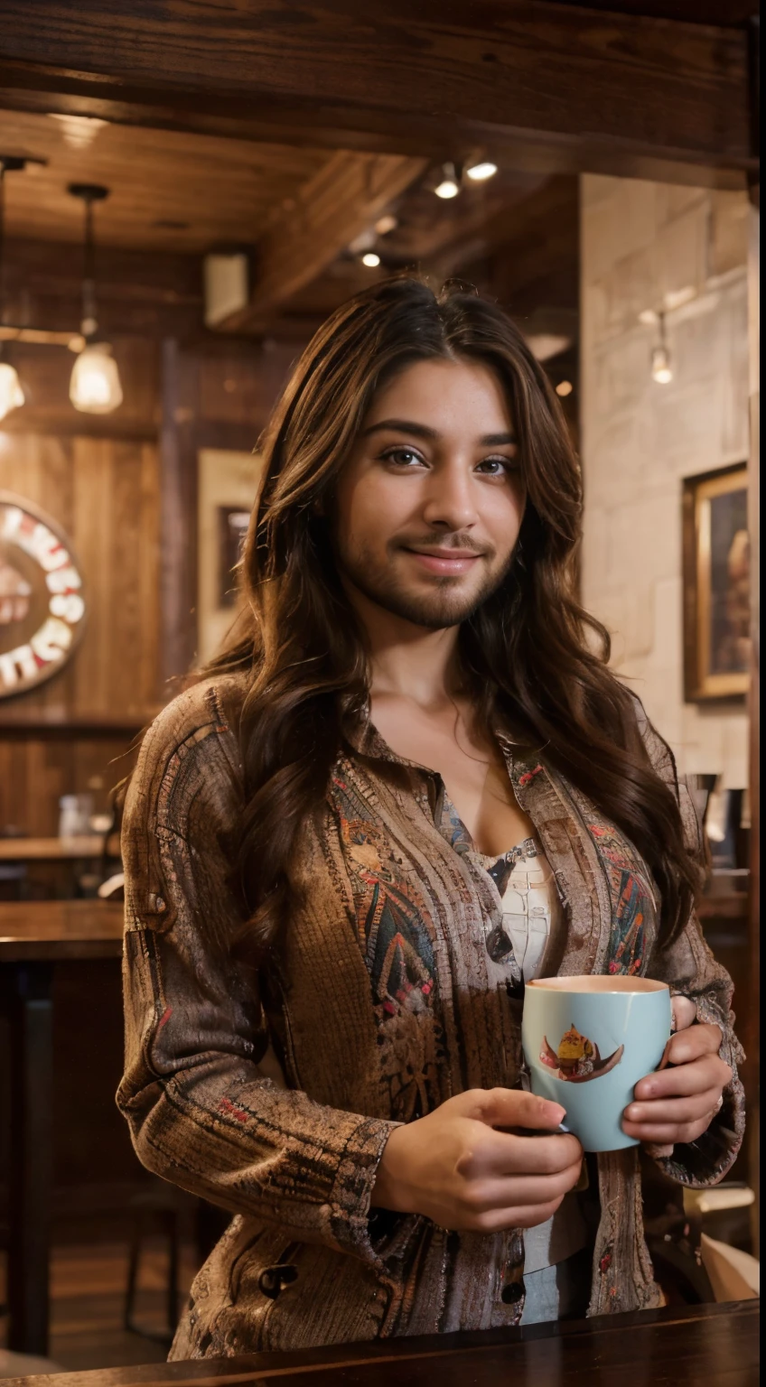 (best quality,4k,highres,ultra-detailed,realistic:1.37),vibrant portrait,beautiful cashier lady with a beard,long beautiful hair,manly chiseled face,expressive eyes,lovely smile,stylish outfit,confident stance,coffee cup,cozy atmosphere,artistic lighting,rich color palette,bokeh
