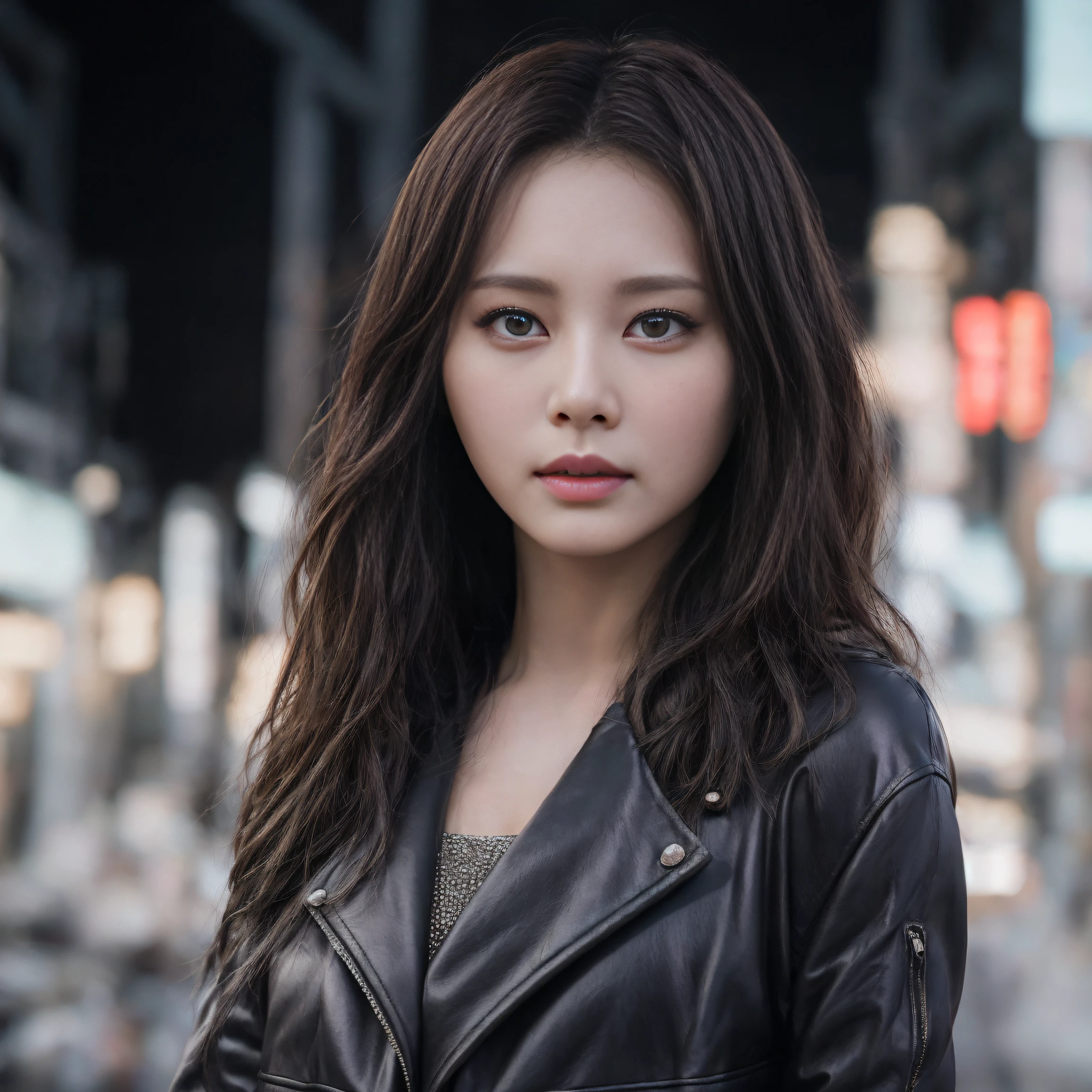 wearing leather jacket, hyper realistic lifelike texture dramatic lighting unreal engine trending on art station, award - winning photo, nikon RAW photo,8 K, 富士XT3,masutepiece, Best Quality, Realistic, Photorealistic, ultra-detailliert, extra detailed face, Solo,1girl in, Standing, Fashionable and trendy atmosphere, High-end makeup products, and a stylish expression on her face, close up, T-shirt, Beautiful detailed girl, extremely detailed eye and face, beautiful detailed nose, Beautiful detailed eyes, Cinematic lighting, city light at night, Perfect Anatomy