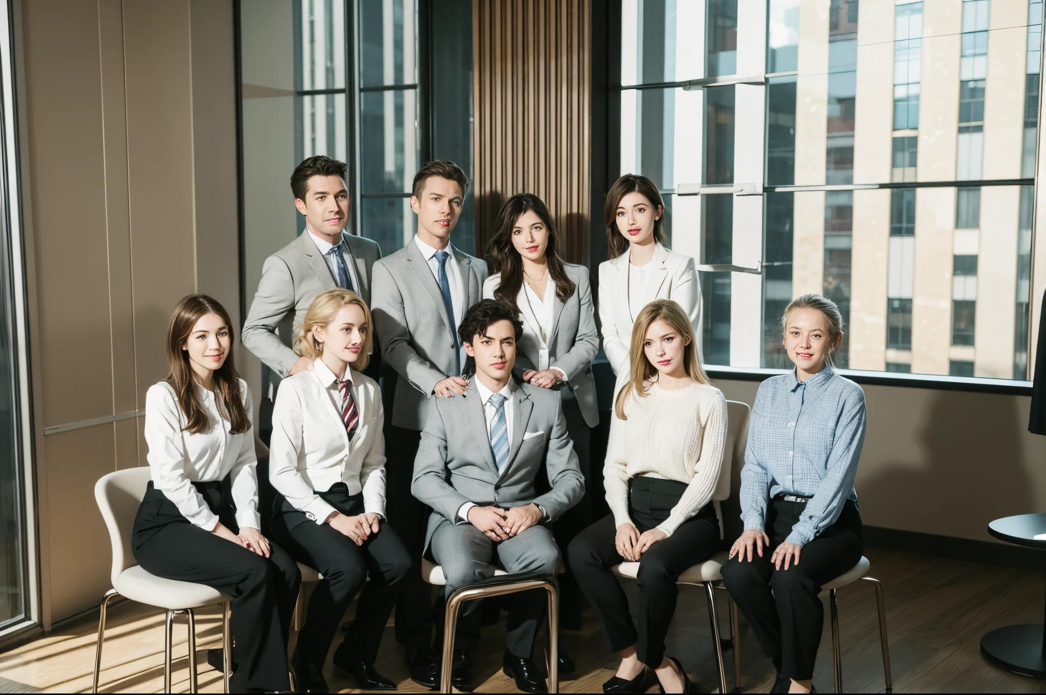 Six Americans sitting on stools, four english people, everyone wears a suit, boys and girls, office room, In the daytime, In high-rise buildings, of a real, actual, photograph realistic, s delicate face, Positive point of view, 8K，4k, Exquisite