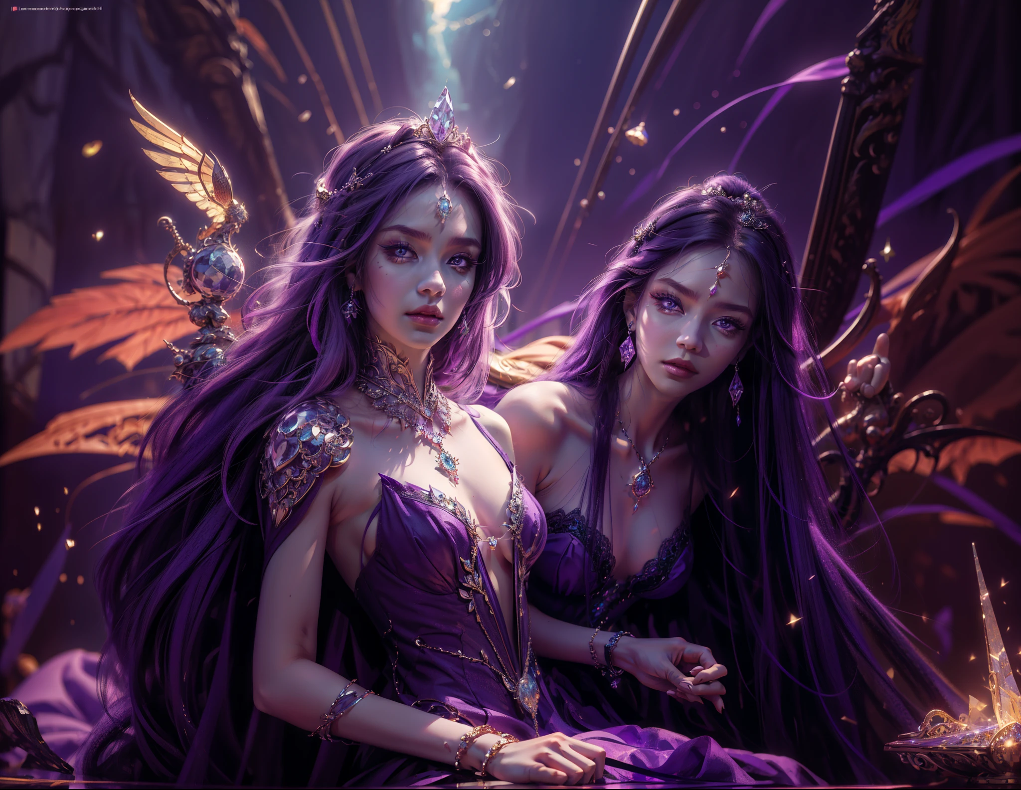 a long hair、Woman in purple dress posing in front of purple background, 8K high quality detail art, Very detailed ArtGerm, twelve zodiac knight avatar, Keda, 8k artistic german bokeh, Crystal skin, ! dream art jem, Serafina Ali Korda, Beautiful celestial mage, fantasy art style