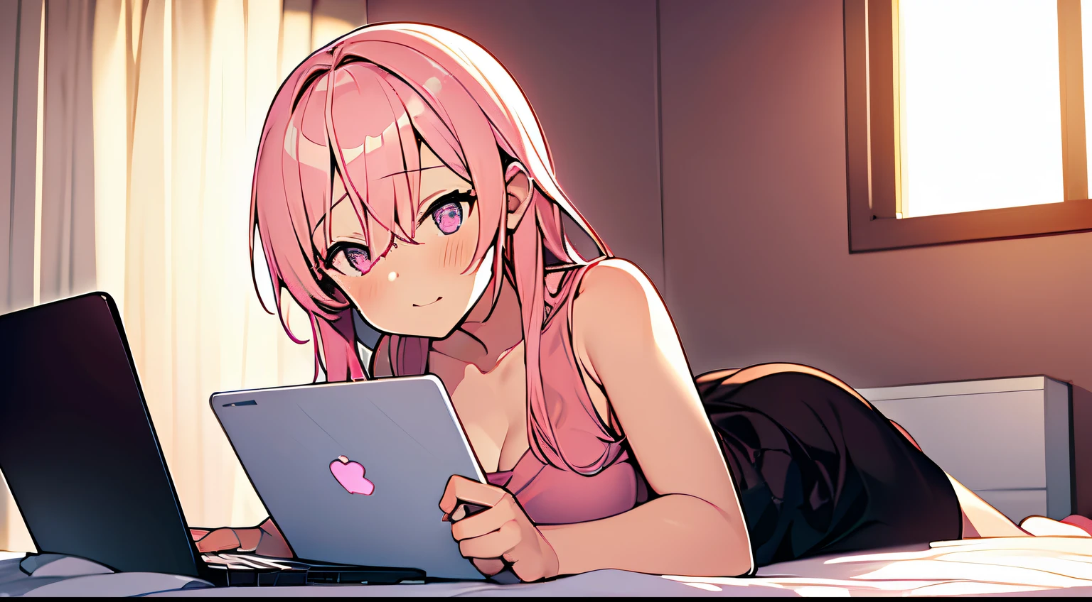 girls, birthday, Light pink hair, Pale pink eyes, shy face, s whole body, laptop in bed