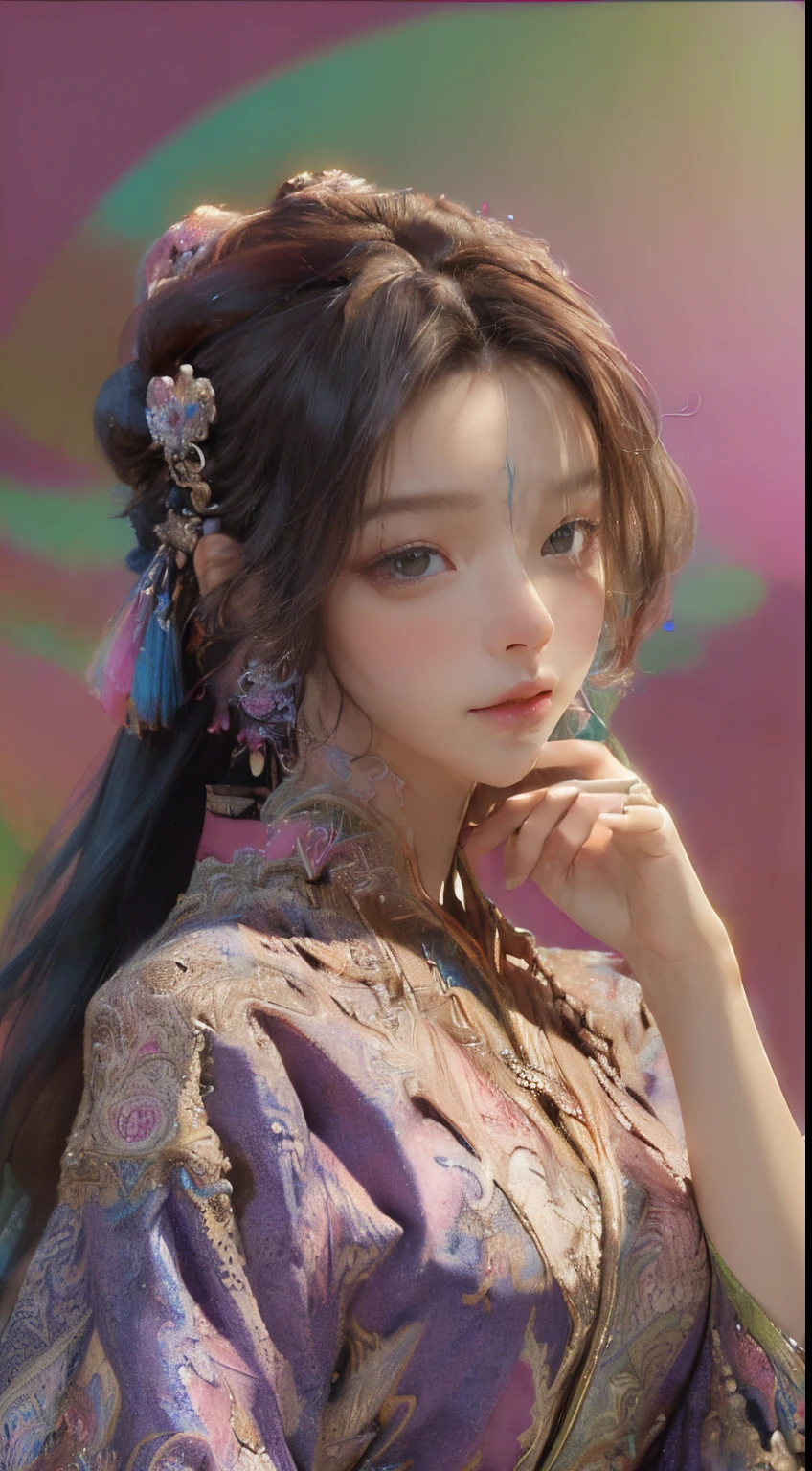 (masterpiece, top quality, best quality, official art, beautiful and aesthetic:1.2), (1girl:1.3), extremely detailed,(fractal art:1.2),colorful,highest detailed,(zentangle:1.2), (dynamic pose), (abstract background:1.5), (treditional dress:1.2), (shiny skin), (many colors:1.4), upper body