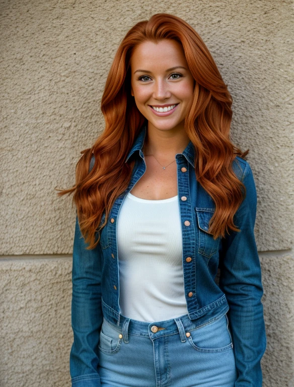 Realistic portrayal:1.2, photorealistic, 4k, Sam from Totally Spies! long slightly wavy orange hair, emerald green eyes and fair skin; smiling,wearing a full body denim outfit. , wide-angle shot, high-angle shot