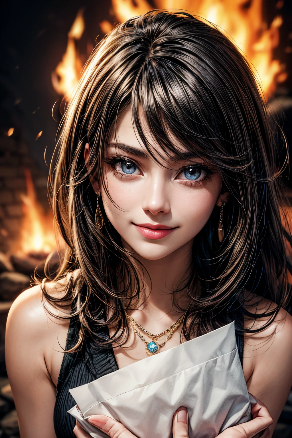 Masterpiece, Best quality, Pandreo Fe, only, Looking at viewer, Smile, 1black woman, hair between eyes, jewelry, Upper body, Female focus, Earrings, Fire, paper