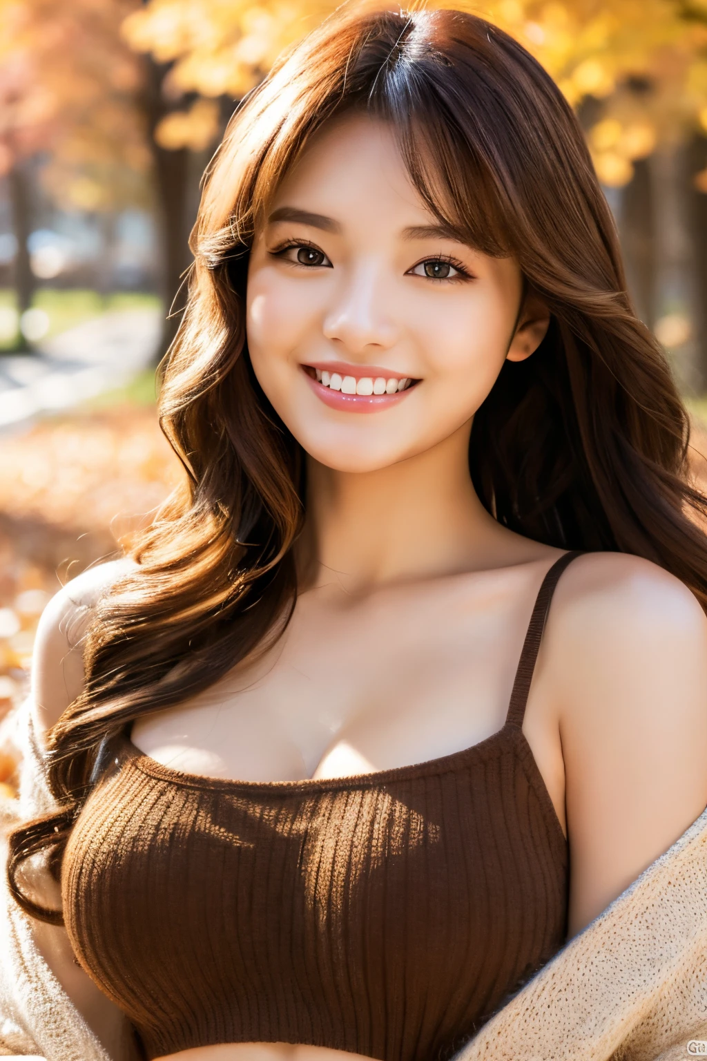 Masterpiece, highest quality, illustration, ultra-definition, detailed, high resolution, 8K wallpaper, perfect dynamic composition, detailed eyes, autumn women's fashion, wavy hair, small breasts, natural colored lips, bold sexy pose, smile, Harajuku , 25-year-old girl, cute, sexy shot looking at the camera,