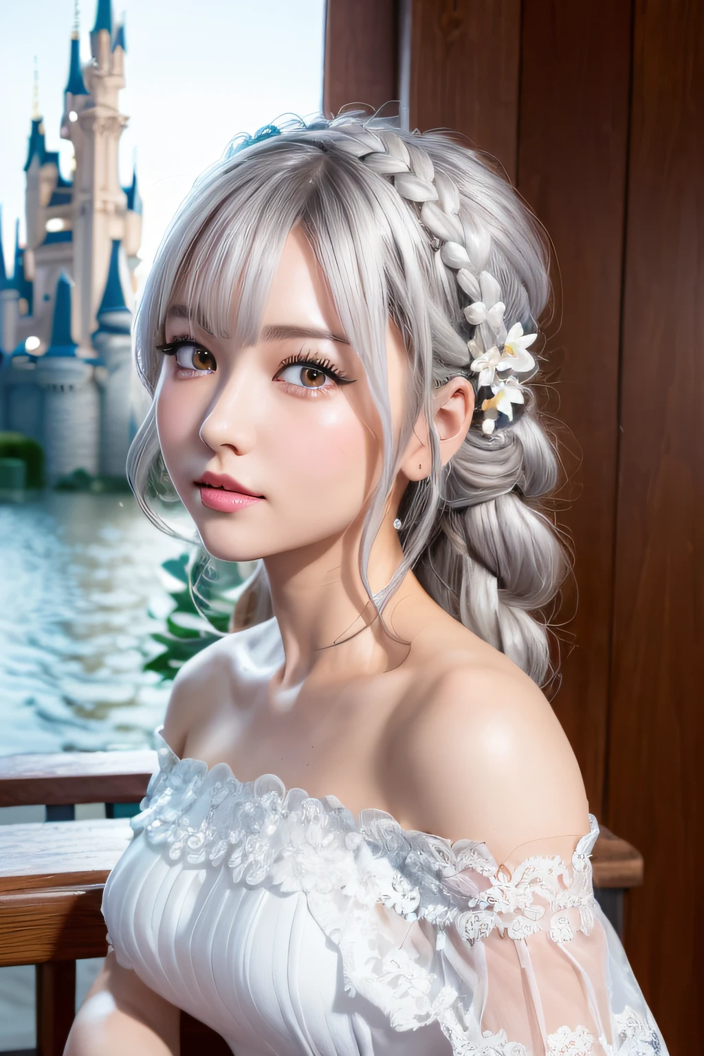 (ukiyoe painting:1.3),(3D Animation:1.3),(Grimm fairy tale world),(Aschenputtel,Cinderella,princess covered in ash:1.3),(Cinderella's Castle in the background:1.3),(((lace off shoulder white dress))),.(Make the subject look three-dimensional with the contrast of light and shadow),Cute and beautiful girl,Cute round face,Cute smile,with blush cheeks,Red Lip,(silver white hair,Floral braided headband,half up、Floral Braided Space Van,Voluminous Fishtail Braids,Twisted chignon,),(Bangs are see-through bangs),hair pin,hair adornments,detailed clothes features,Detailed hair features,detailed facial features,(Dynamic angles),(Dynamic and sexy poses),profetional lighting,Cinematic Light,(masutepiece,top-quality,Ultra-high resolution output image, depth of fields,) ,(The 8k quality,depth of fields,Anatomically accurate facial structure,),(Sea Art 2 Mode:1.3),(Image Mode Ultra HD,)