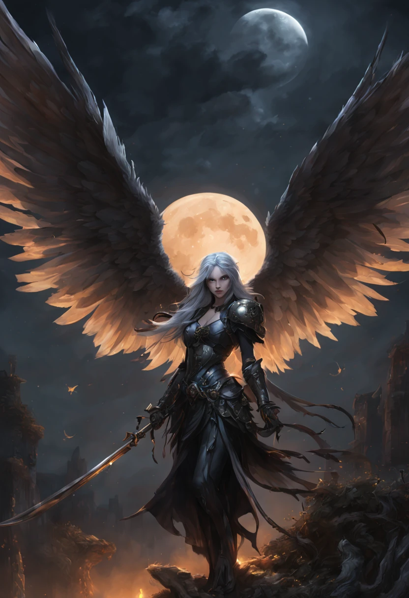 (best quality,highres,ultra-detailed,photorealistic:1.2),angel with a forbidden smile,grey hair,long straight hair,fair skin,death god,sharp scythe,ominous aura,sword,wings,moonlit garden,night sky,dark atmosphere,dark wings,holy light,hint of darkness